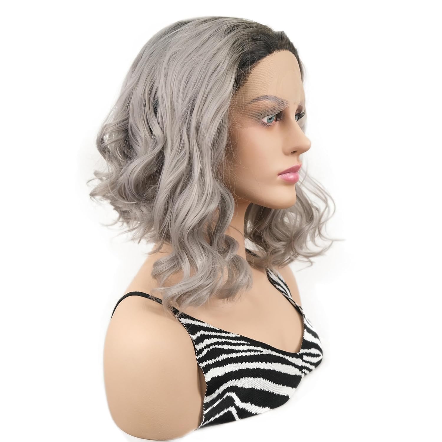 Wiginway Short Curly Grey with Dark Root Synthetic Lace Front Wigs Bob Hair Wigs Heat Resistant Women Wigs Platinum Wigs 14 inches