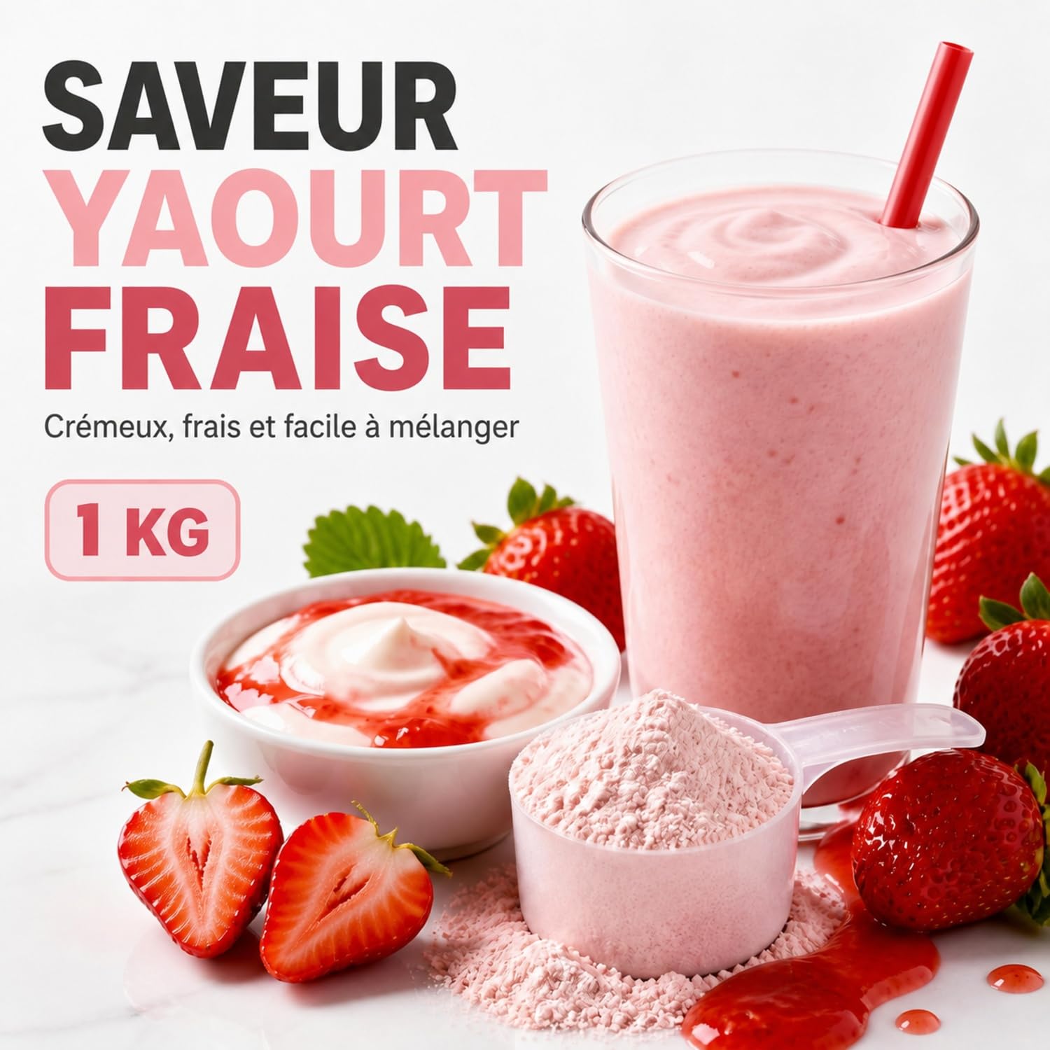 Whey protéine en poudre 1 kg, saveur yaourt fraise | 77% de protéines | Shake crémeux, faible en graisses et en sucres | Sans gluten | Pour l’entraînement quotidien