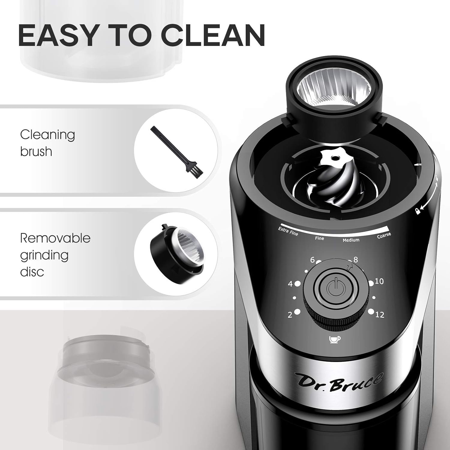Dr Bruce Conical Burr Coffee Grinder, Electrical Coffee Mill With Precise Grind Setting from Coarse To Fine,2-12 Cups Selection, Stainless Steal Coffee Grinder