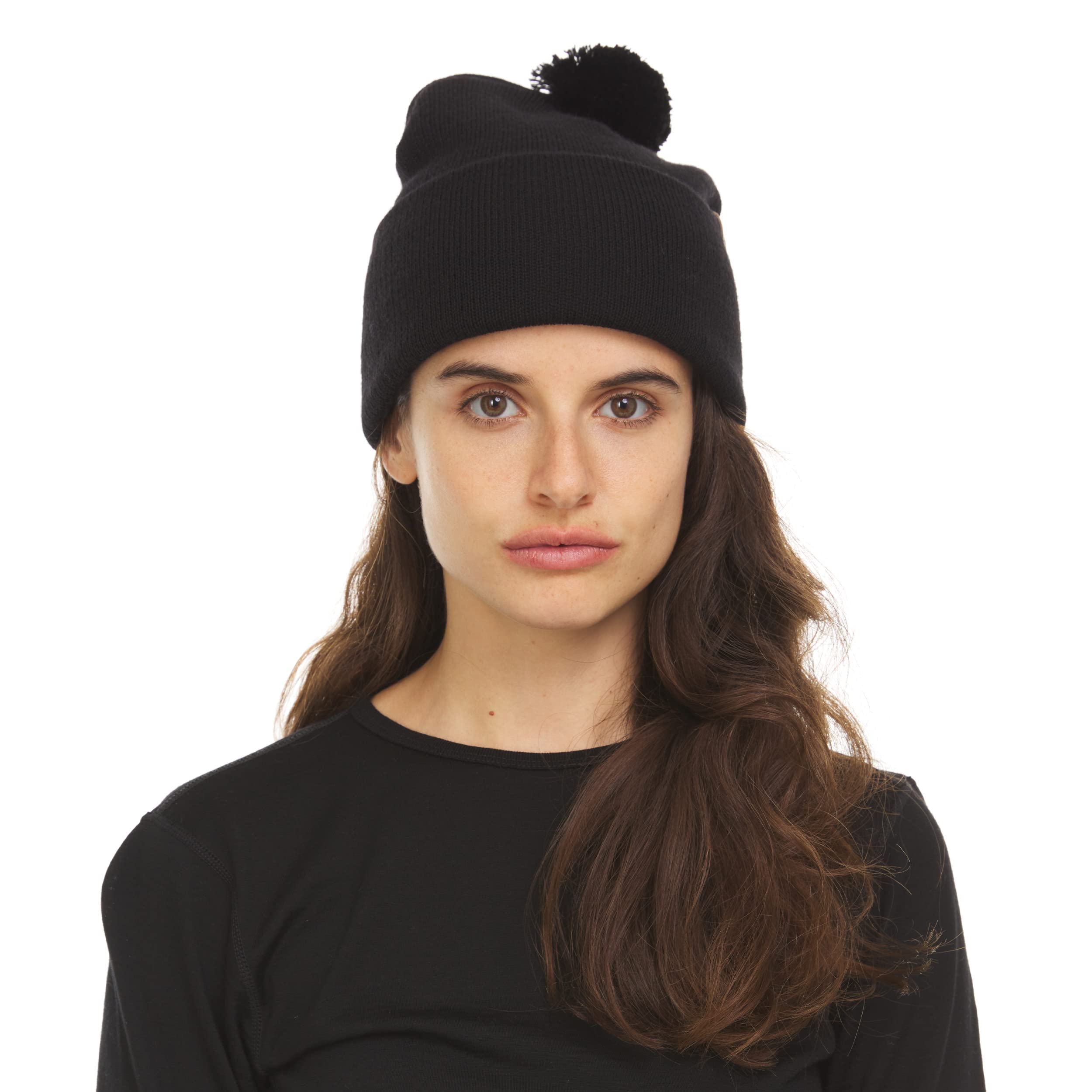100% Merino Wool Midweight Everyday Knit Cuff Pom Beanie - Winter Pom Pom Hat - Black - One Size