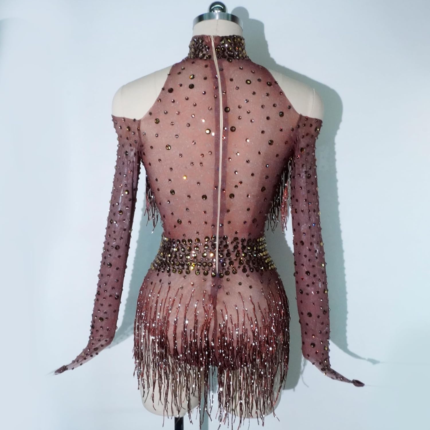 Youmeisha Sexy Fringe Rhinestone Perspective Mesh Bodysuit Women Birthday Party Team Dance Costumes Festival Carnival