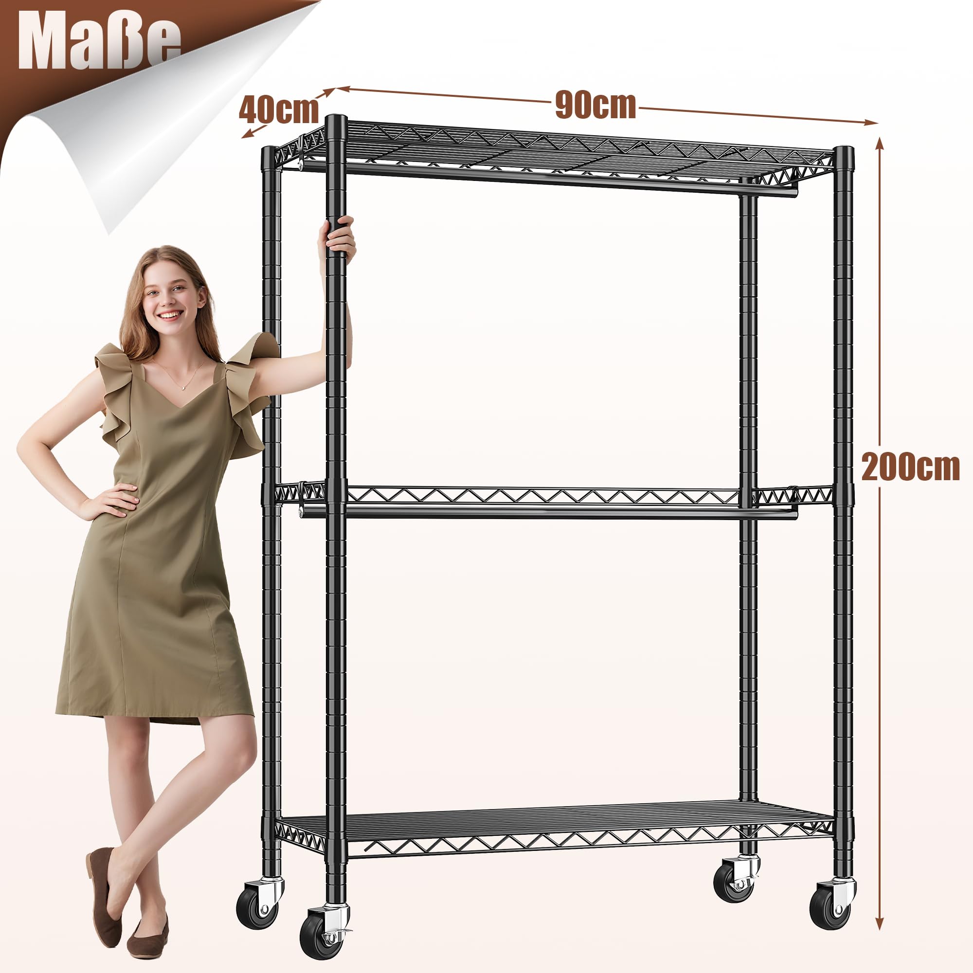 Höhenverstellbarer Kleiderständer auf Rollen mit 2 Kleiderstangen | 90 * 40 * 200cm, Höhe frei einstellbar,200KG Traglast, Kleiderständer mit verstellbare Ablageplatte für Kleidung,Schwarz