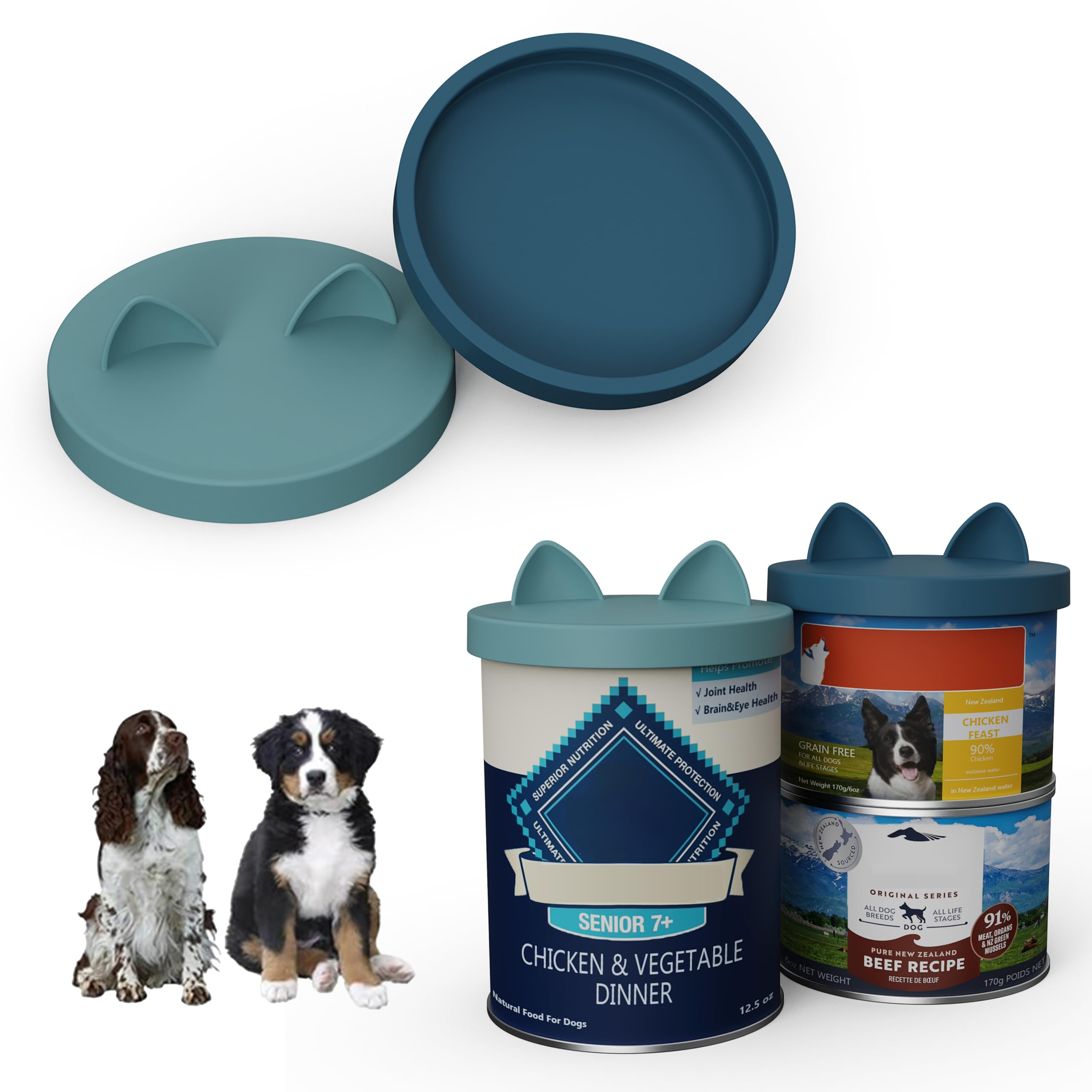 OHMO Tapas de latas para comida para perros, 75 mm, tapas de silicona para latas de alimentos para animales, 400 g, sin BPA, azul oscuro y azul claro, juego de 2