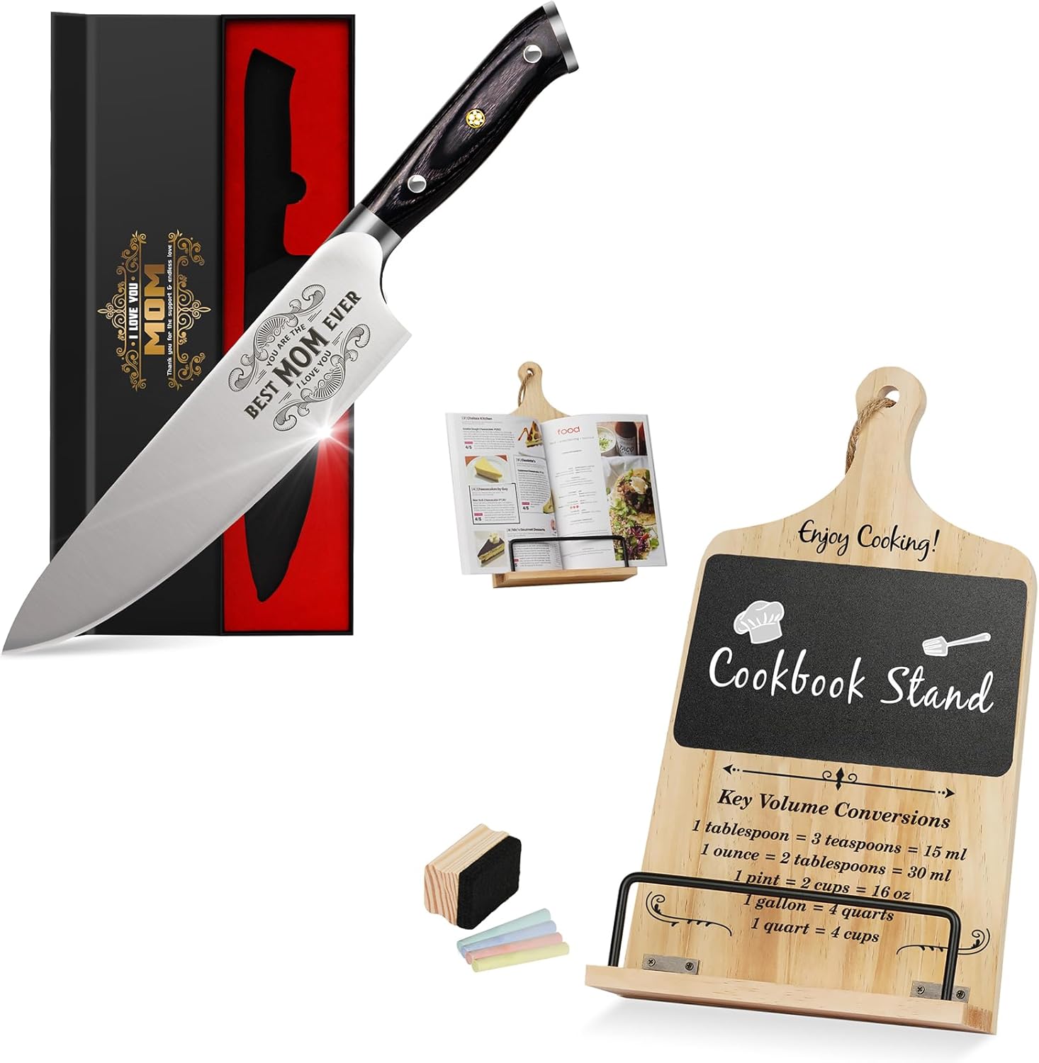 Gifts for Mom Mother Women Christmas, 8" Professional Chef Knife - German High Carbon Stainless Steel EN 1.4116 Cookbook Stand for Kitchen Counter with Chalkboard Eraser Unique Gifts