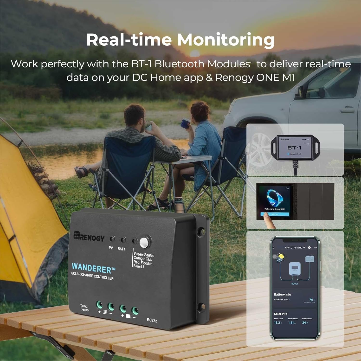 Renogy Wanderer charge controller with BT-1 Bluetooth module for real-time monitoring