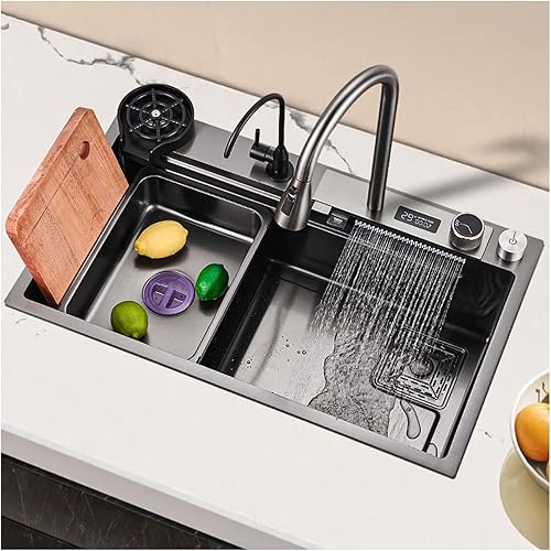 Fregadero de cascada volador con pantalla digital, fregadero de cocina, fregadero de barra de acero inoxidable 304, con lavabos de copa, instalación