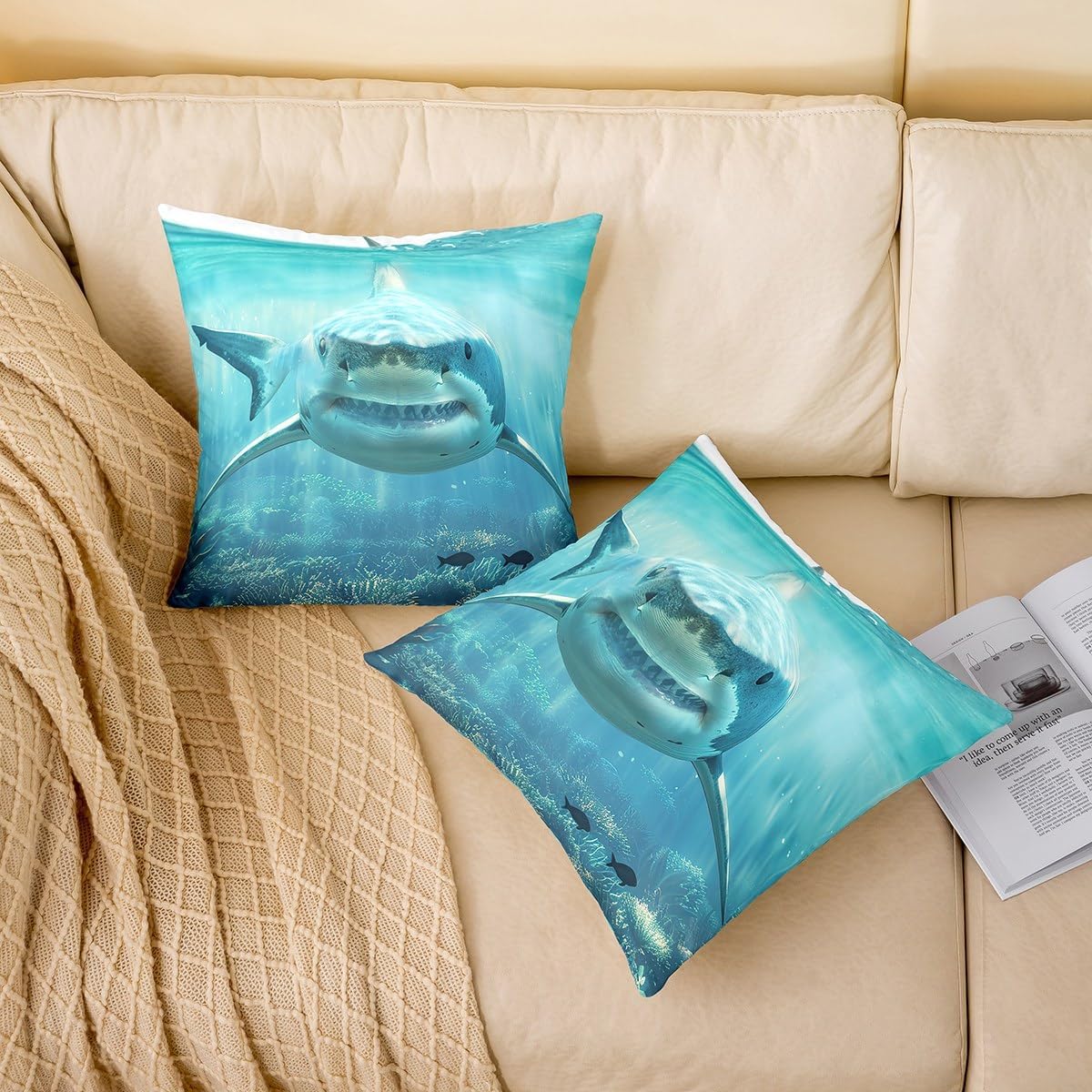 Feelyou Shark Pillow Cover 24x24 Ocean Sea Animal Decorative Throw Pillow Cover Case Home Decor Sea Underwater World Marine Theme Blue Cushion Case for Couch Sofa Outdoor