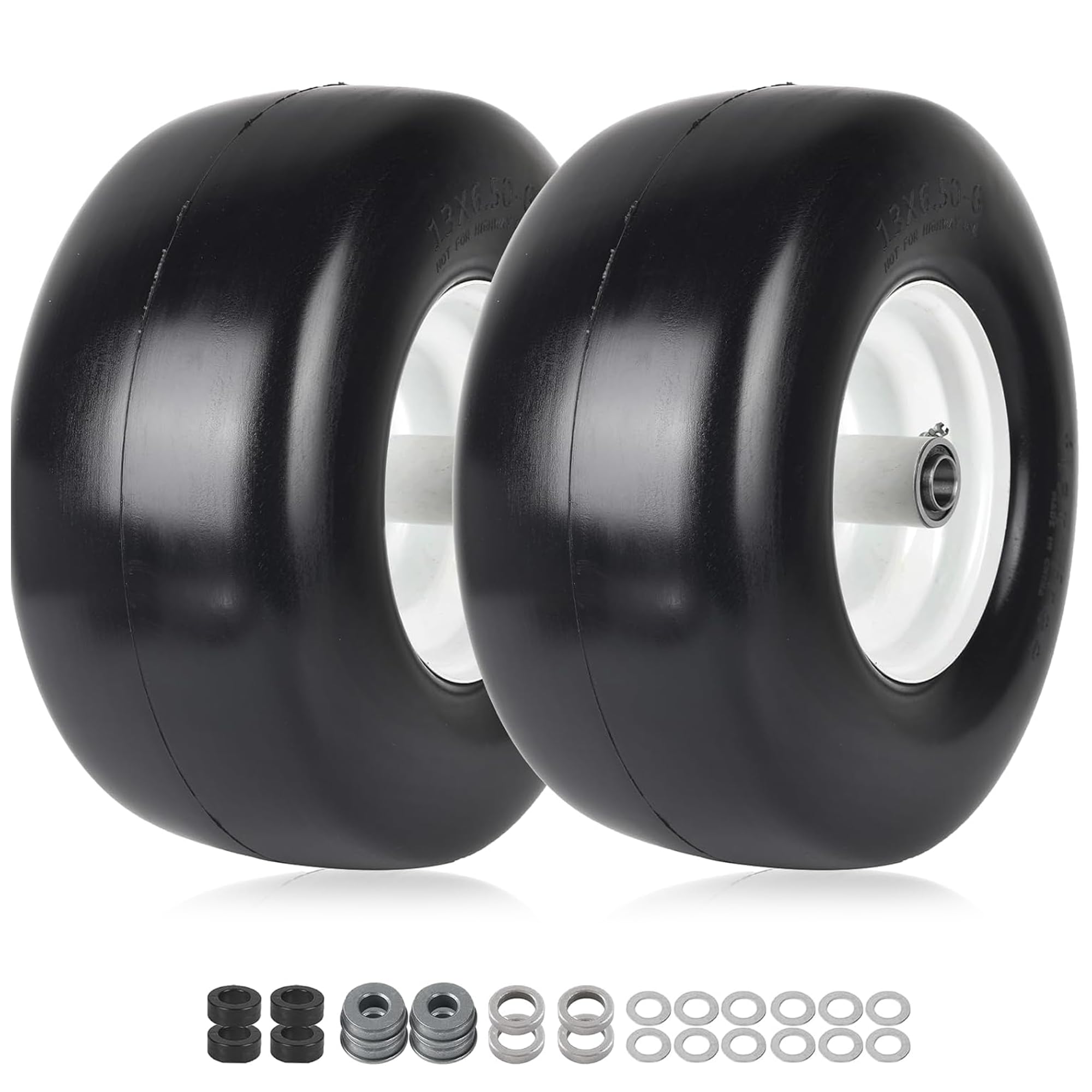 AR-PRO Lot de 2 pneus et roues plats 13 x 6,50-6 - Universel pour tondeuse à gazon avec jante - Moyeu centré de 14 à 19,8 cm et bagues supplémentaires de 1,9 cm 1,6 cm