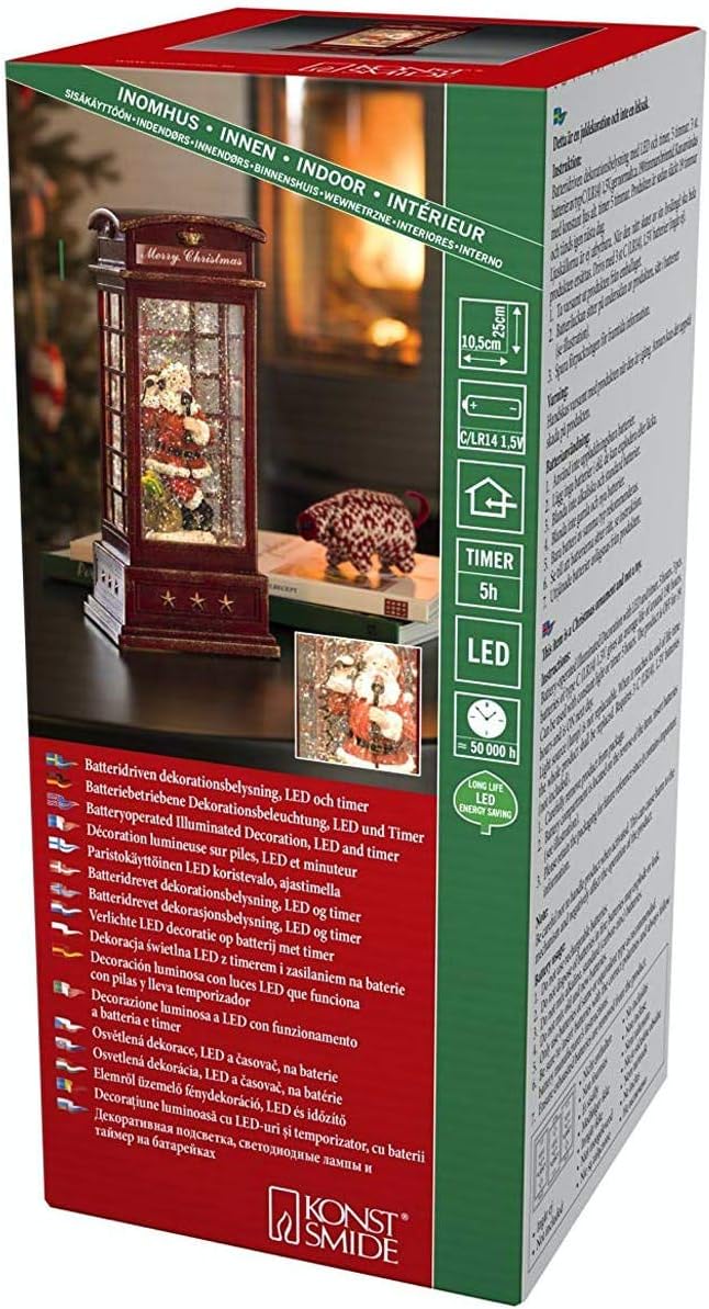 Konstsmide Lantern : Santa in Red Telephone Box, Water Filled : Battery Operated & Timer : 4363-550