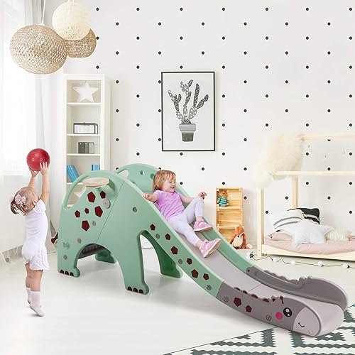 Miniatura 5 de Baby Joy Slide para niños, juego grande para escalador de juegos con pendiente de deslizamiento extralarga, aro de baloncesto y bola, regalo ideal