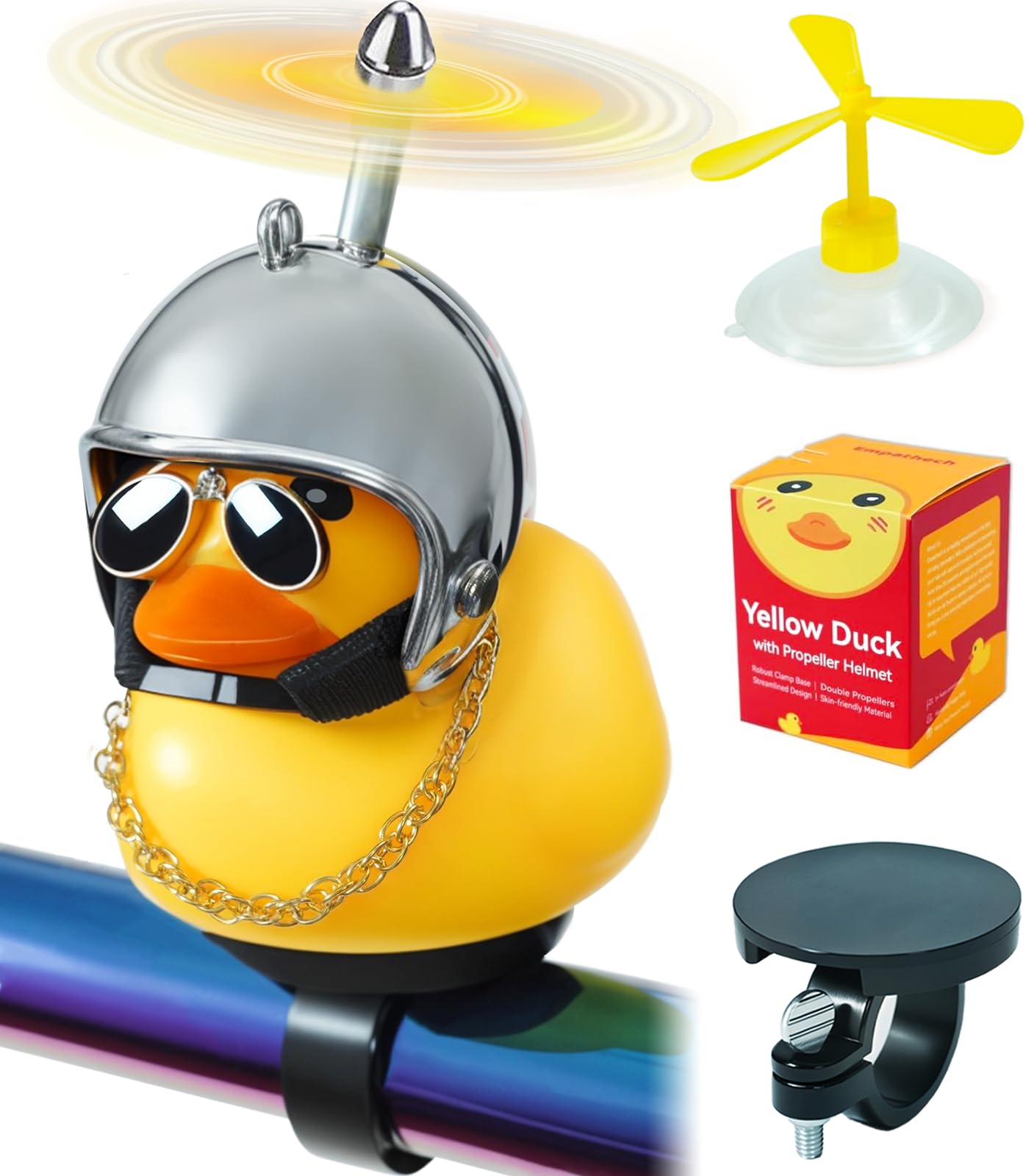 EMPATHECHRubber Duck Bike Decorations [New Stable Clamp Mount] Cute Squeak Duck Bike Bell [Two Helmet Propeller] Funny Bike Accessories E Scooter Motorcycle Cycling Gifts