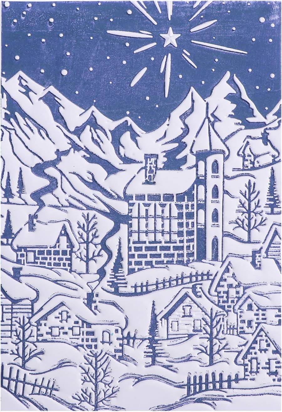 Briartw 3D Embossing Folder for Card Making Adding Textured Detail to Paper Crafting 6.3x4.5inch Clear Texture Plate Perfect for Heavyweight Cardstock (≥250gsm/92lb),Winter Town Texture Template