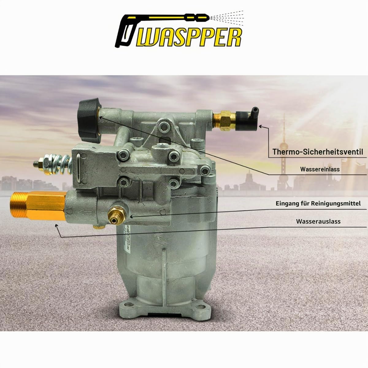 Hochdruckreiniger Pumpe 3000 PSI (200 Bar) – Horizontale Ersatzpumpe 6,5 HP mit 8,5 L/min Durchfluss für Benzin Hochdruckreiniger – Aluminium Pumpenkopf – Waspper PA000-PW28/2.5
