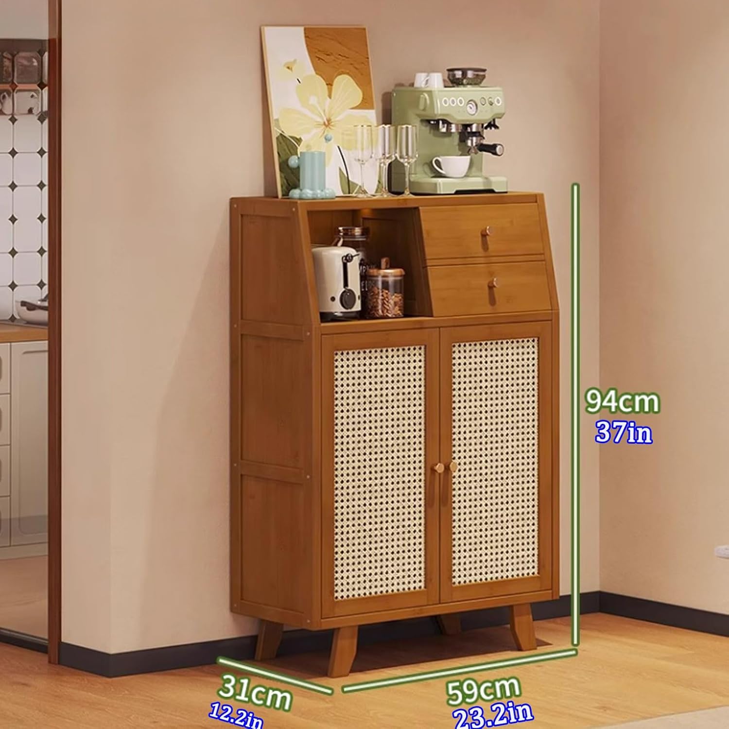 Rustic Sideboard Buffet Cabinet, Buffets Storage Cabinet with Rattan Decorated Doors, Buffet Table with Storage, Coffee Bar Table Cupboard for Living Room(59x31x94cm/23.2x12.2x37in)