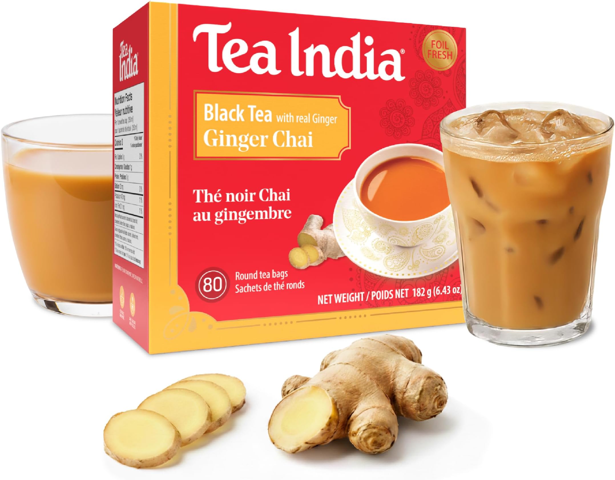 Tea India Ginger Chai Black Tea with Real Ginger Flavorful Blend Of Premium Black Tea, Ginger & Natural Ingredients Traditional Indian Caffeinated Tea 80 Round Teabags