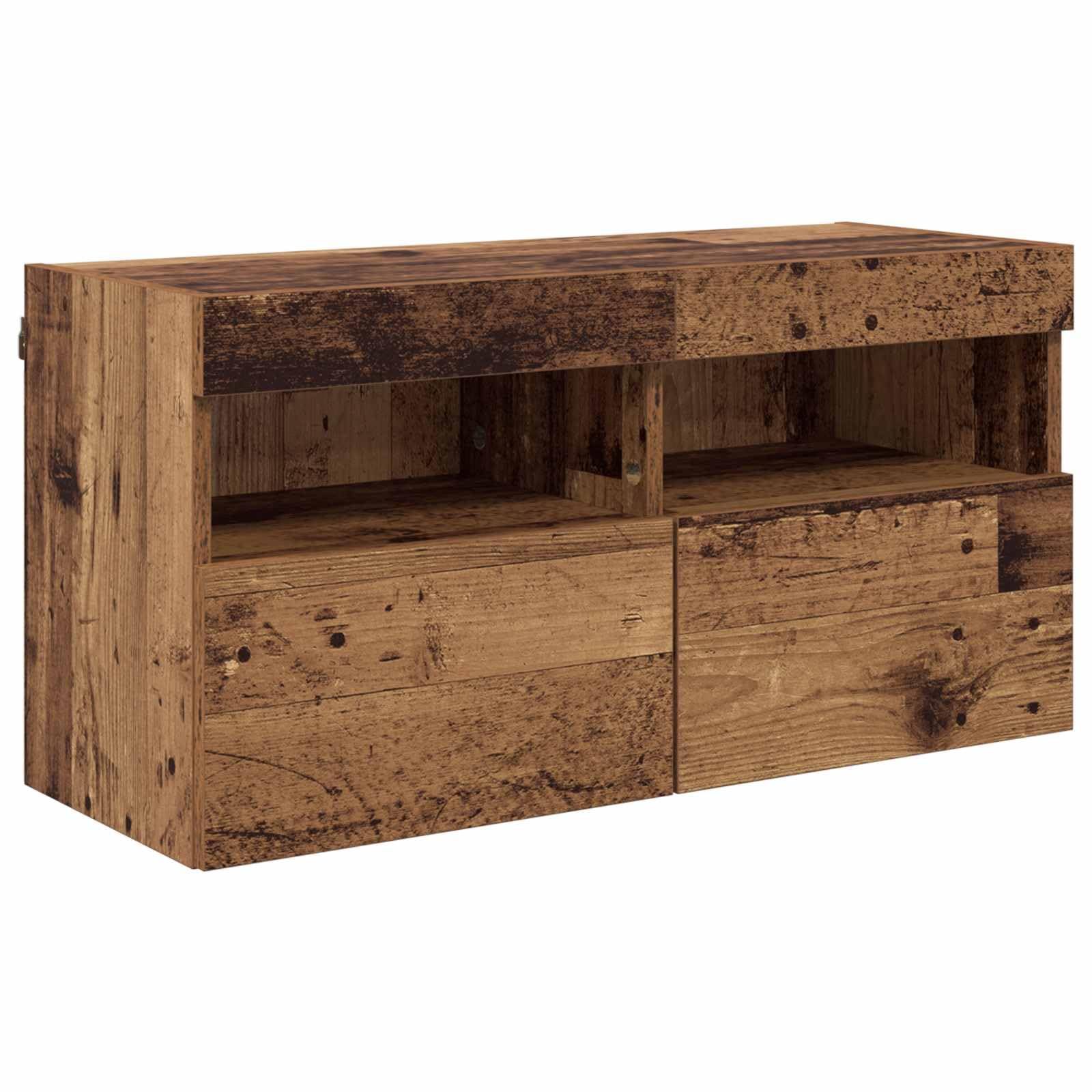 TV Wandmöbel aus Altholz Holzwerkstoff, Lowboard mit 15 Regalen, 5 Türen, Wandmontage für Wohnzimmer, Heimkino, Gaming Ecke, platzsparend mit LED und Stauraum