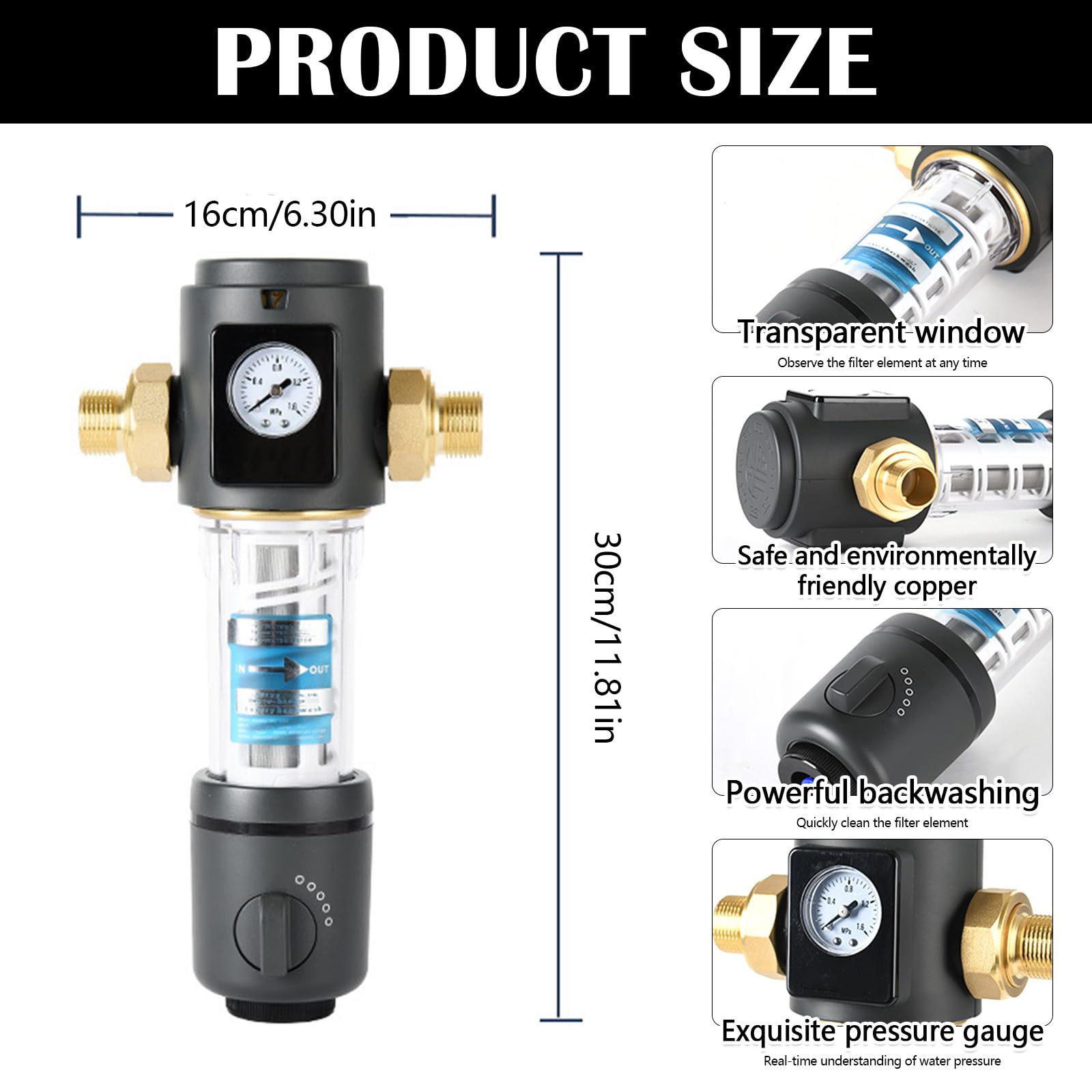 Filtro di risciacquo con manometro, filtro dell'acqua, collegamento domestico, 1/2 pollici, filtro dell'acqua per casa, precisione di filtrazione riutilizzabile, 40 micron, flusso di esportazione