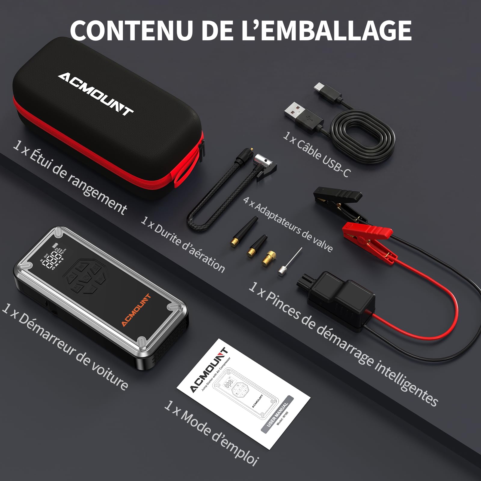 Acmount 7000A Booster Batterie Voiture avec Gonfleur 150PSI, 21800mAh Demarreur Batterie Voiture avec Lampe 800LM,18W Charge Rapide, Port de QC3.0 pour 12V Véhicules (Tout Gaz/12L Diesel)