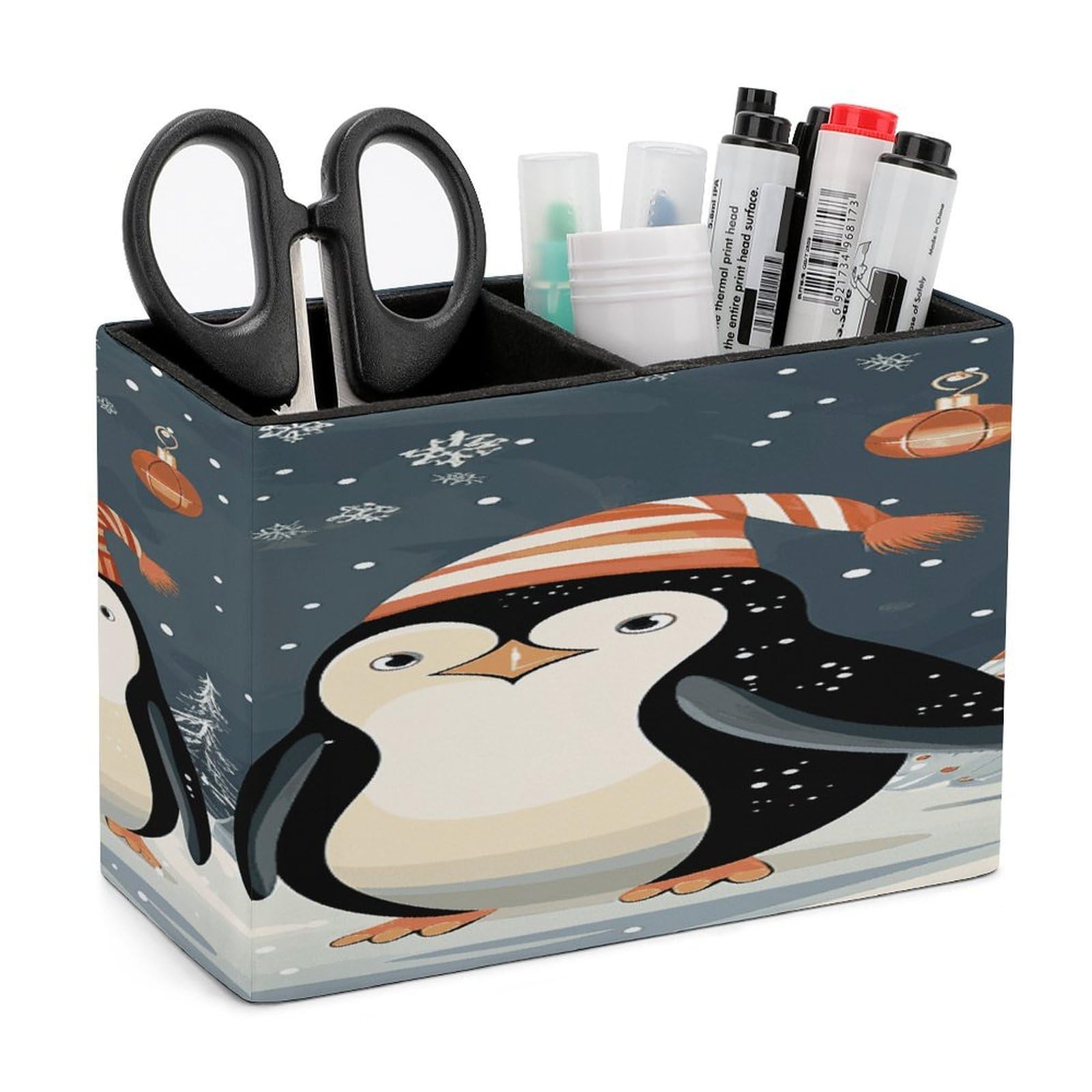 LDGSUPH Merry Christmas Penguins Leather Pen Holder for Desk Organizer Caddy Large Pencil Cup Multi-function Pencil Holder Makeup Brush Holders Pen Organizer for Home Office Storage Box