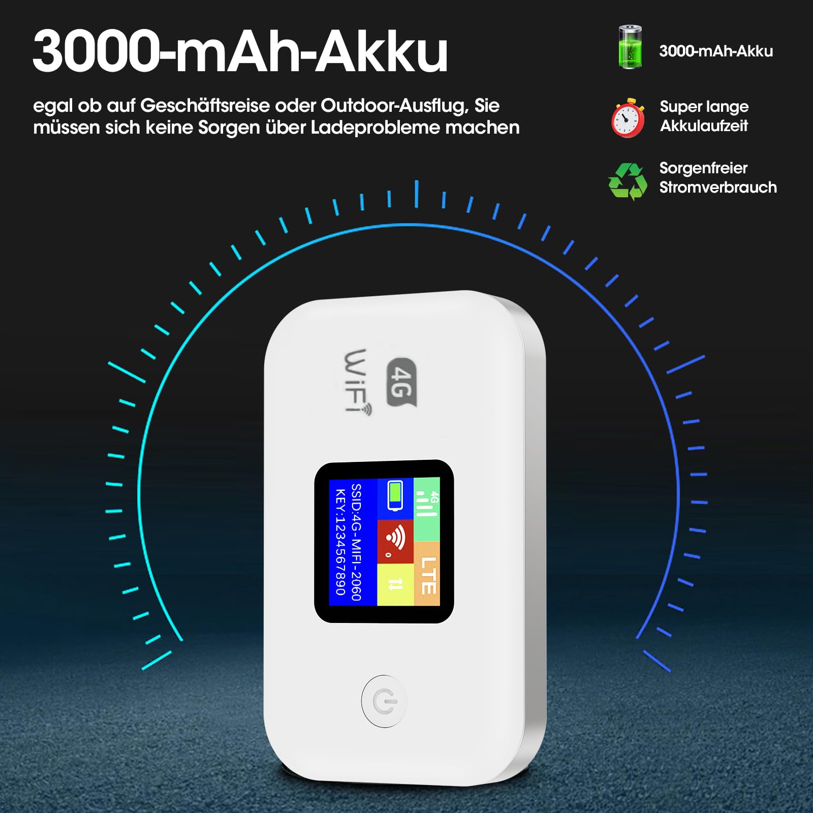 4G Mobiler WLAN Router, Tragbares WLAN für Unterwegs Ohne Vertrag, LTE Router 150 Mbps, 3000mAh Lange Akkulaufzeit, LCD Display, Mobiler Hotspot für Reisen, Camping, Hotels-Eisweiß