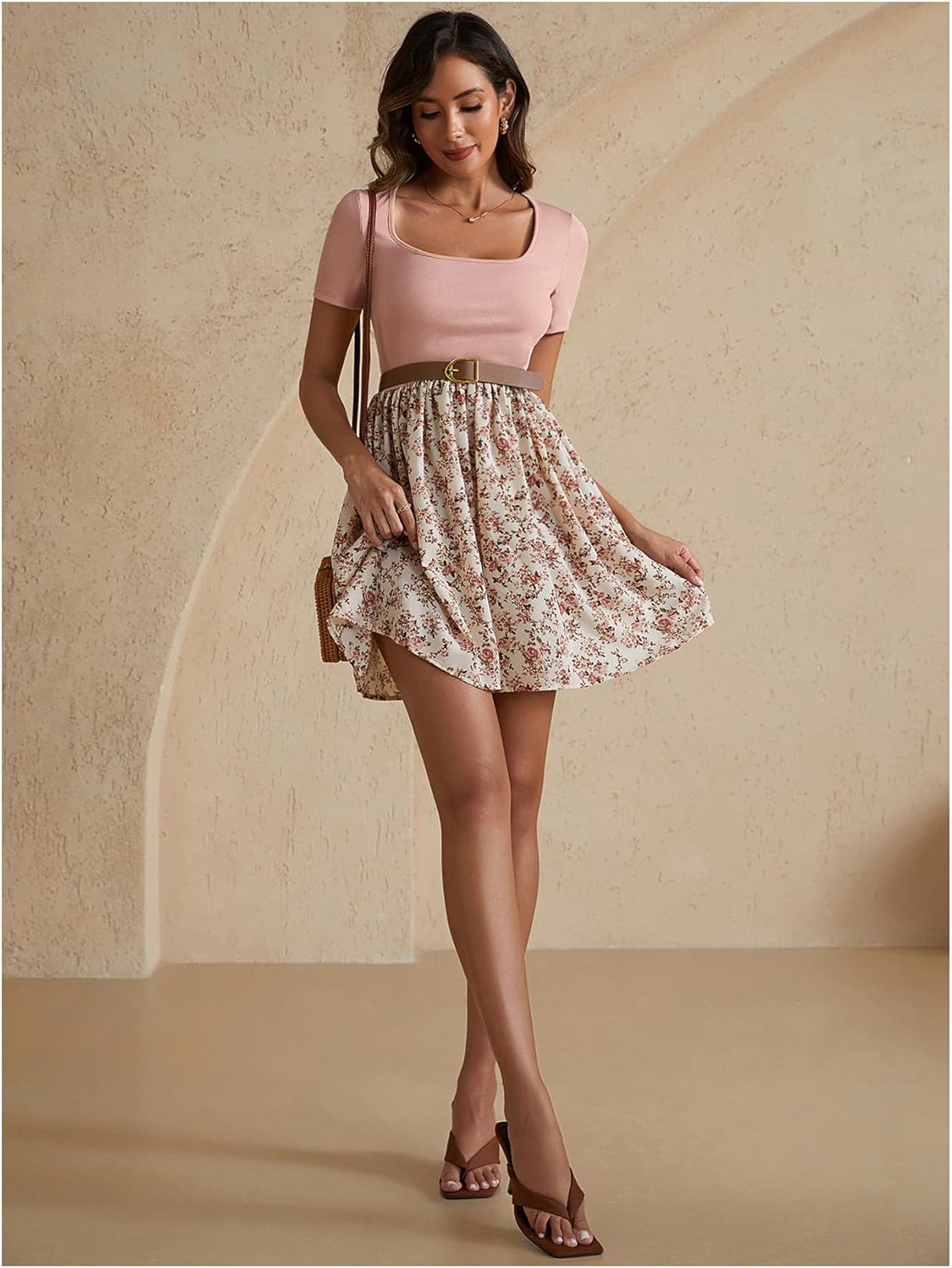 Women's Floral Print Scoop Neck Dress Short Sleeve A Line Flowy Mini Knit Dresses - Image 5