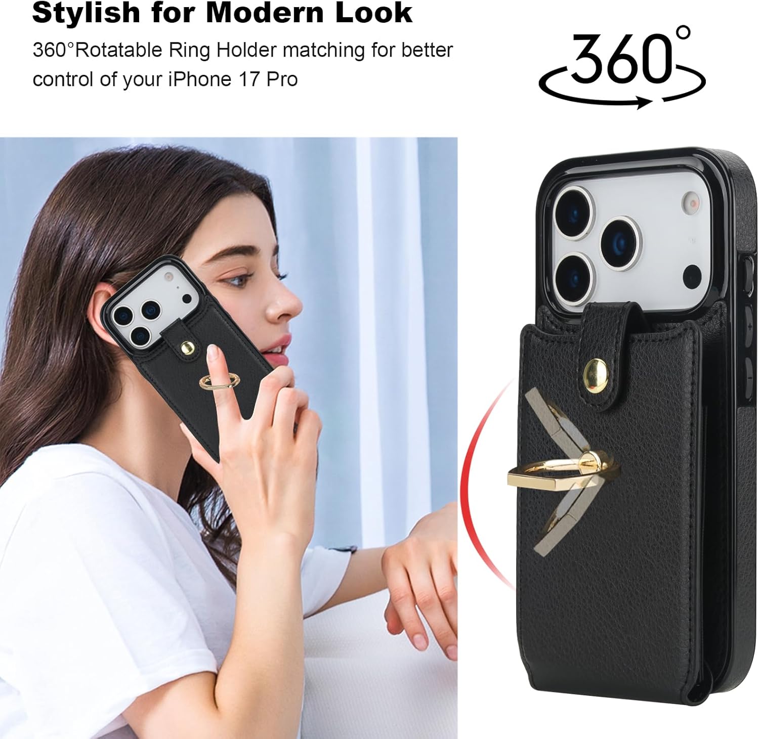 Folosu Compatible with iPhone 17 Pro Case Wallet with Card Holder, 360°Rotation Finger Ring Holder Kickstand, RFID Blocking Leather Protective Double Buttons Shockproof Cover 6.3 Inch Black - Image 3