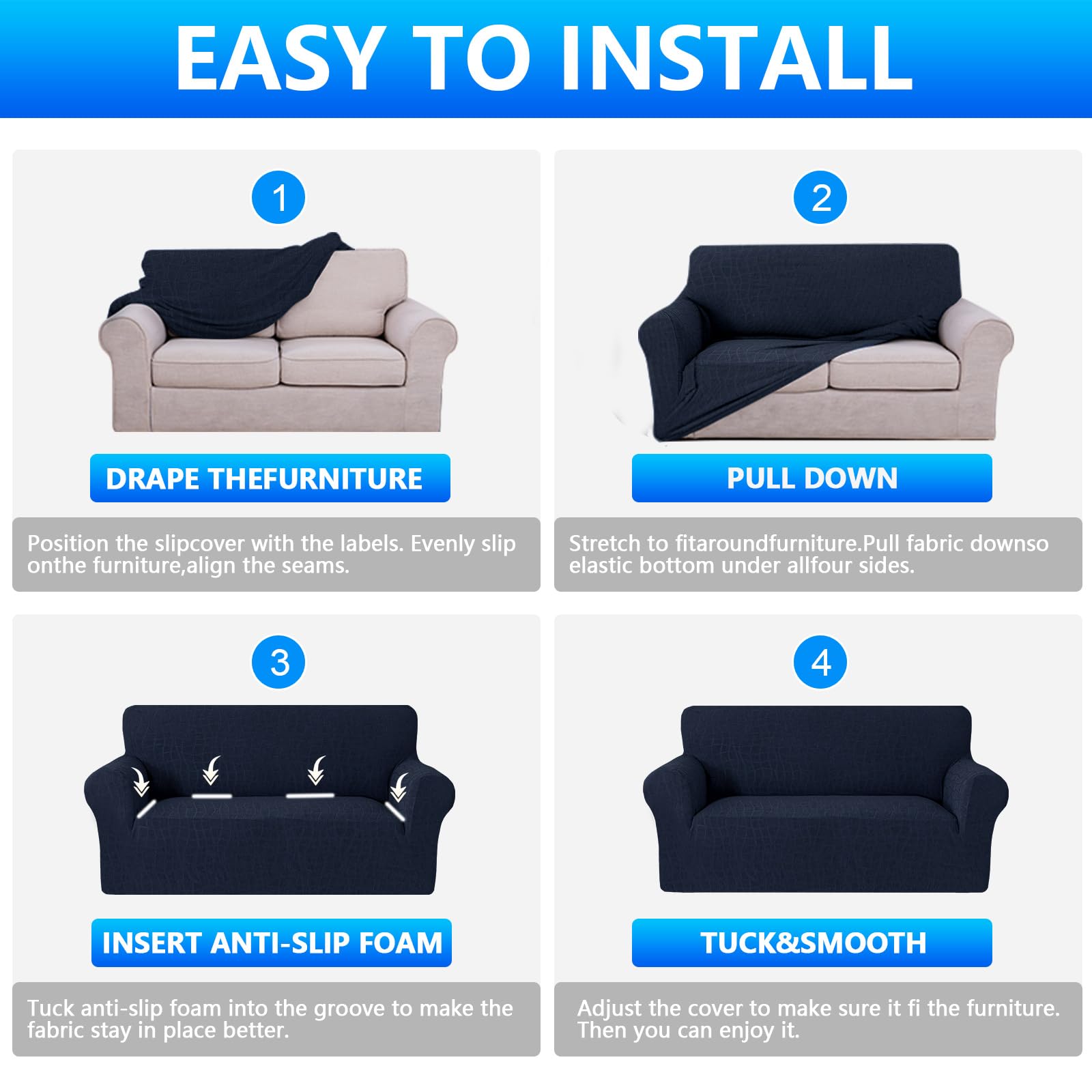 Ystyle Stretch Sofa Überzug 3 Sitzer, Wasserabweisend Elastisch Couch Bezug Mit Armlehnen, Universal Sofaschoner rutschfest für Hunde Katzen und Haustiere, Waschbare Sofa Cover, Dunkelblau