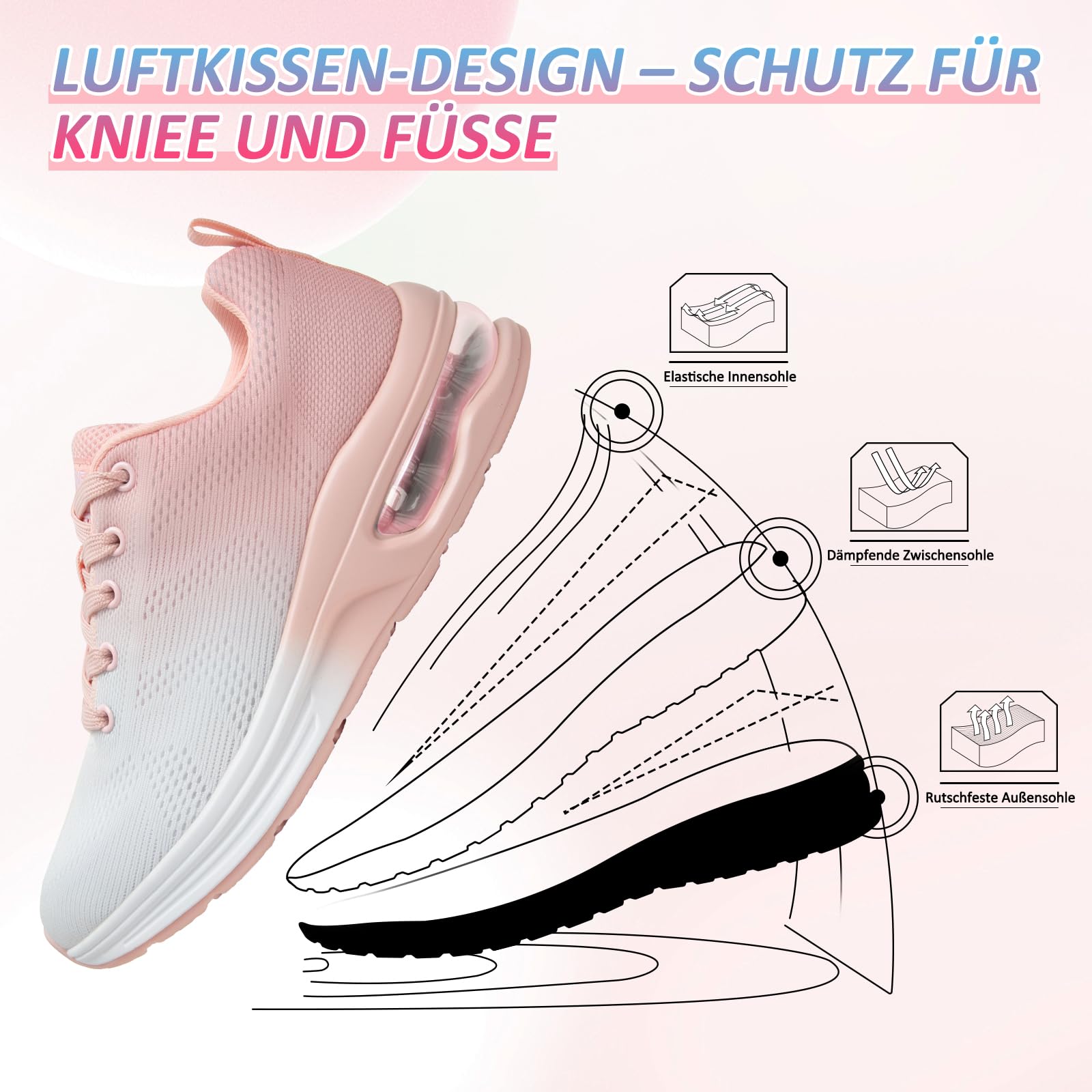 Baskets Femme Chaussures De Course avec Coussin D’Air Amortissantes Sport Sneakers Légères Respirantes Antidérapantes pour Running Marche Fitness Et Quotidien