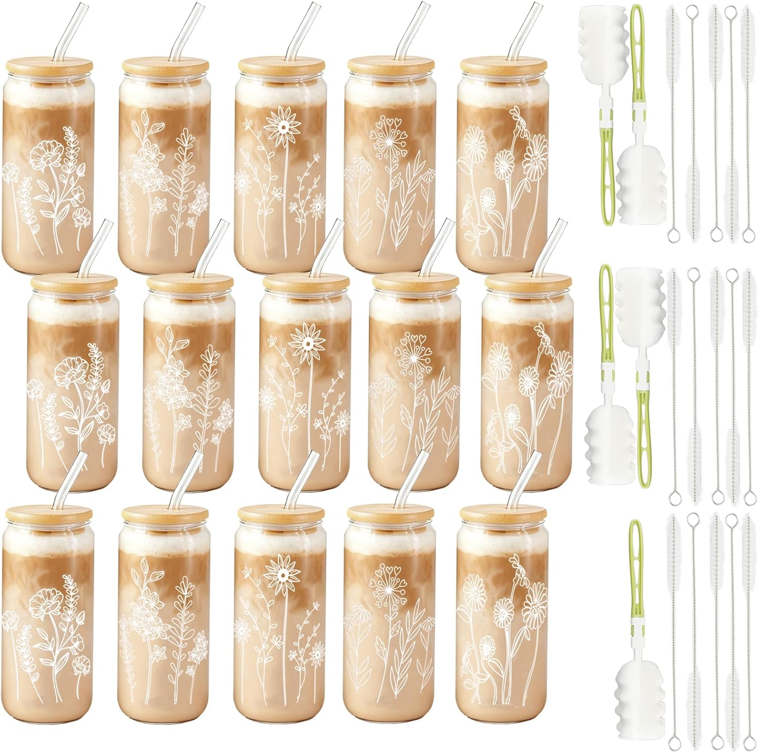 15 Pack Gift for Women Cute Glass Cup with Bamboo Lid and Straw 16 oz Flower Iced Coffee Mugs Boho Floral Tumbler for Mothers Day Gift Birthday Baby Shower