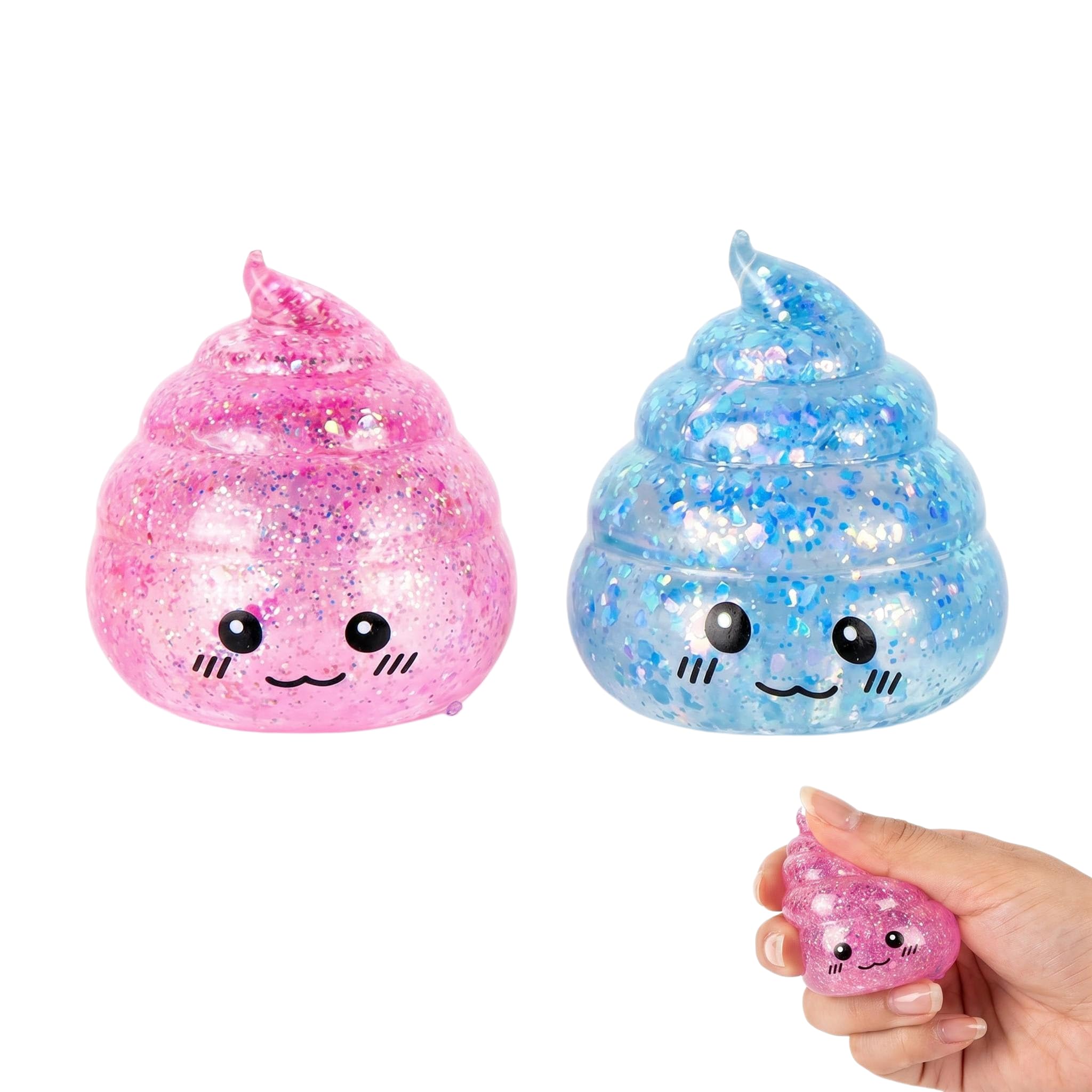 Mtbricey 2 Pcs Glitter Poop Squishy Squeeze Toy Funny Stress Relief Fidget Desk Toy Sensory Stress Ball Novelty Desk Decoration Soft Squeeze Toy for Office Home Relaxation (Pink&Blue)