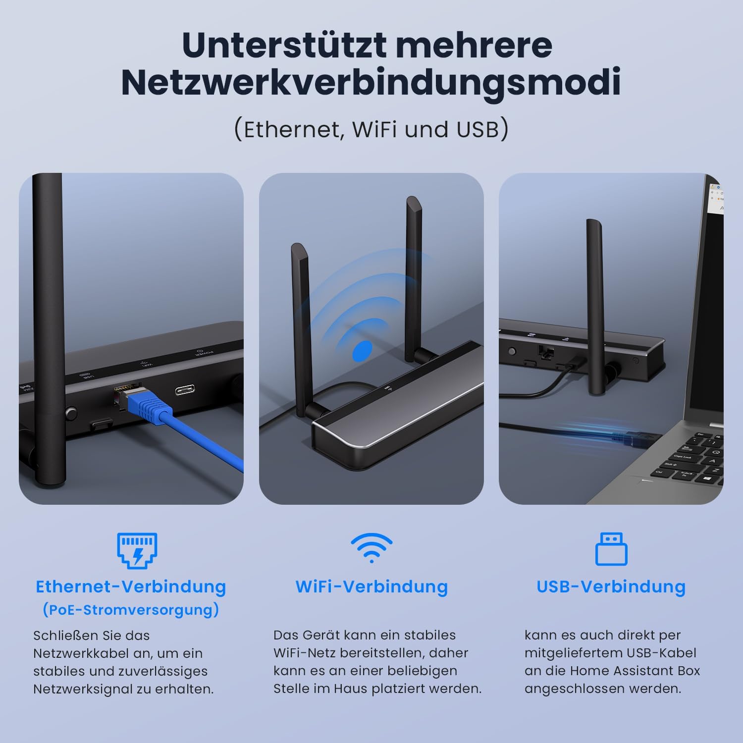 AVATTO Zigbee/Thread PoE Dongle showing Ethernet, Wi-Fi, and USB connection options