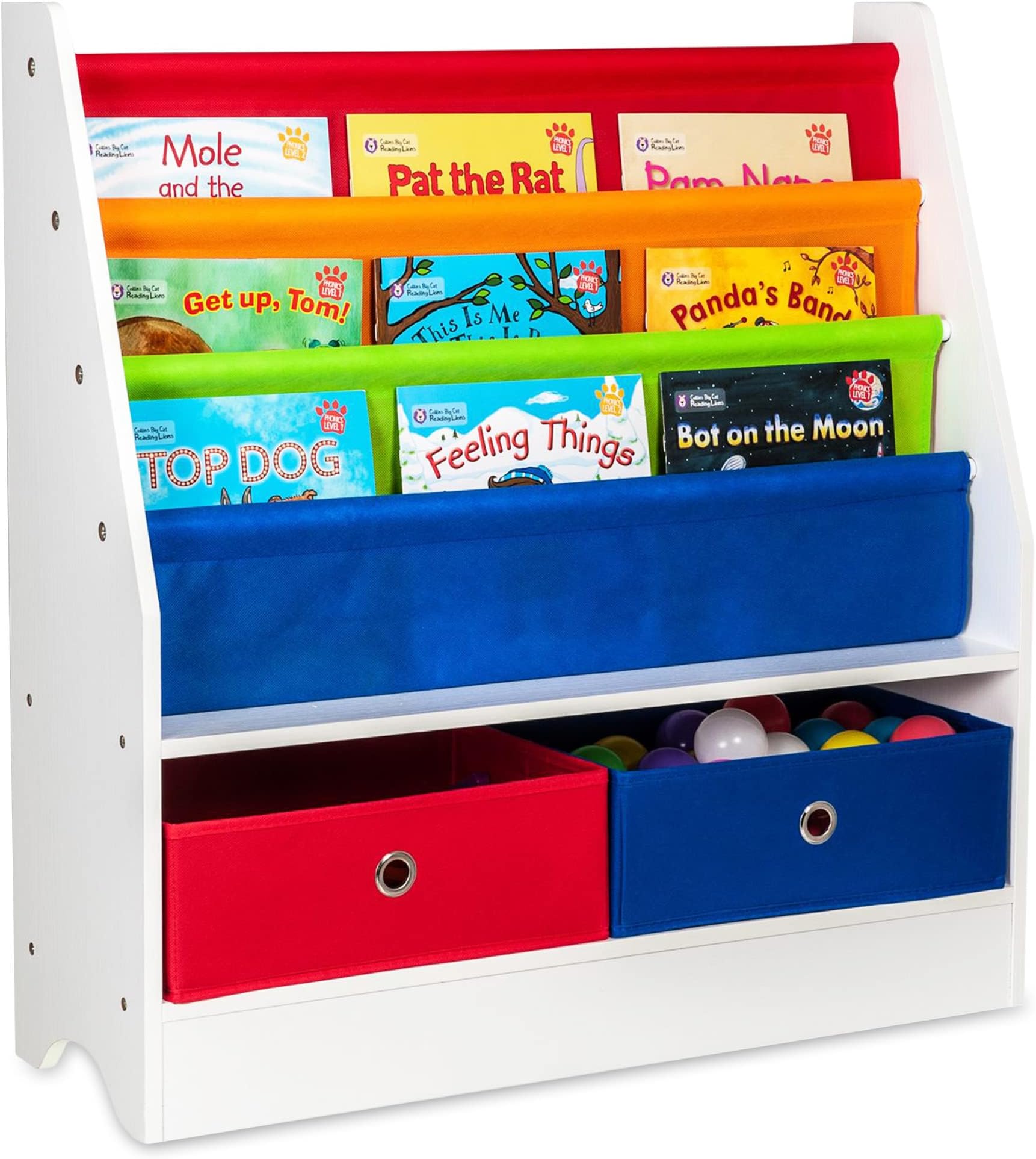 LIVIVO Child's Sling Storage Bookshelf Plus Toy Storage Boxes (Primaries)