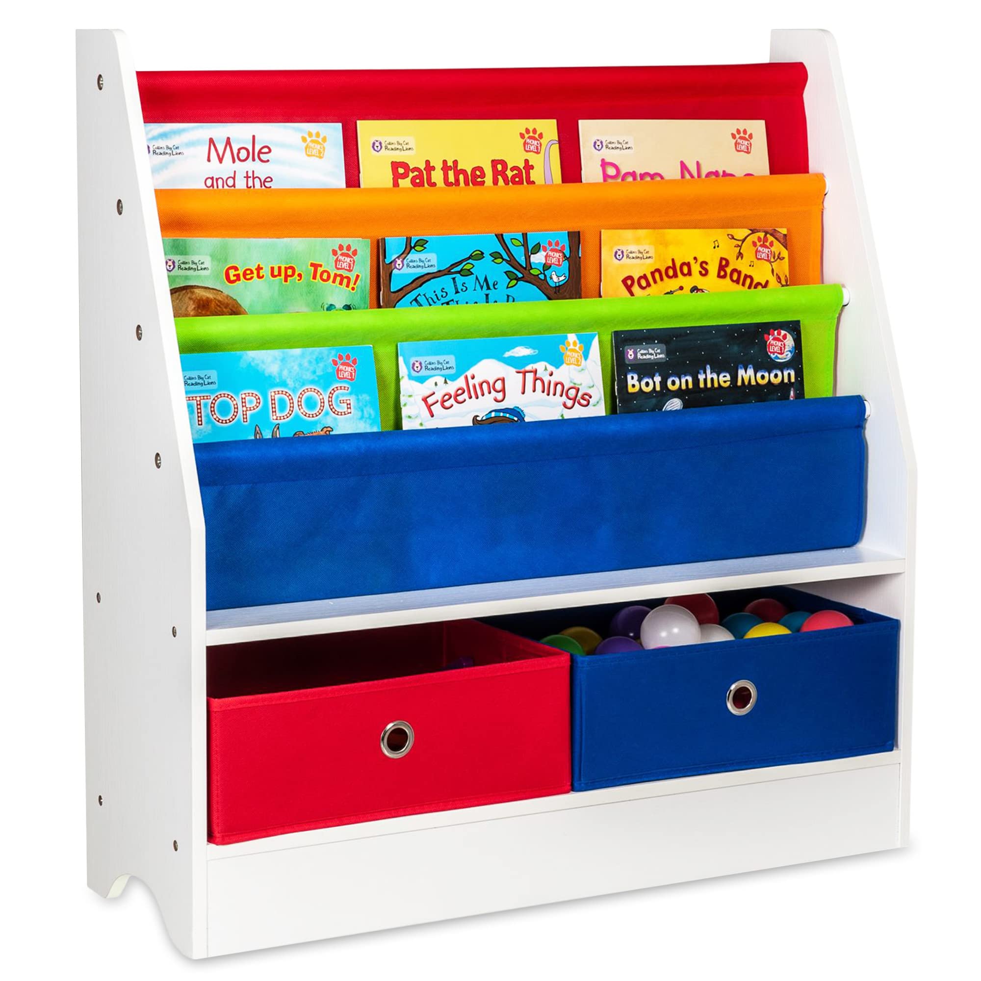 LIVIVO Child's Sling Storage Bookshelf Plus Toy Storage Boxes (Primaries)
