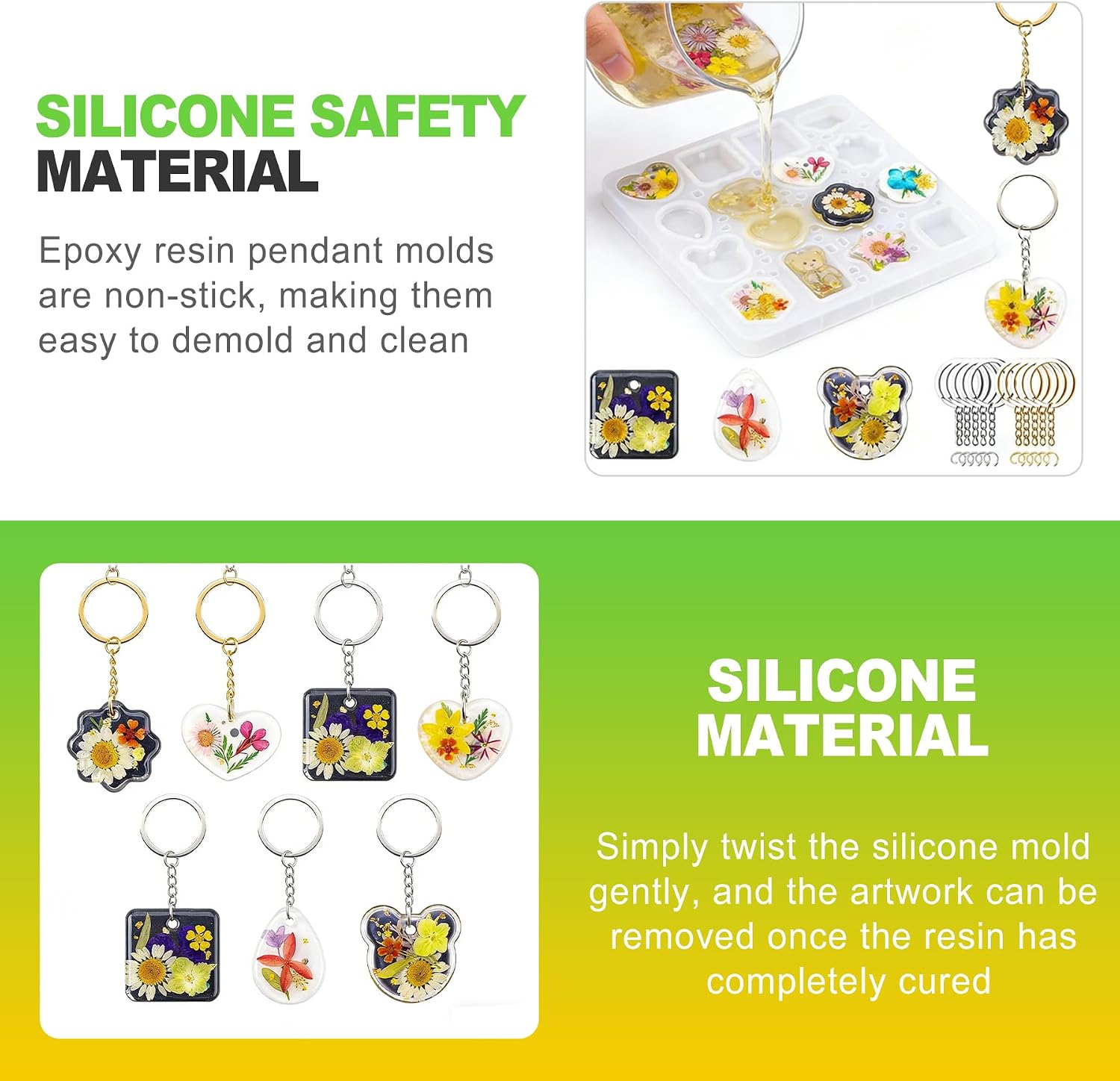 Silicone Resin Keychain Mold with Hole 16 Cavities UV Resin Pendant Mold DIY Epoxy Resin Mold for Keychain Making Includes 10 Keychain Rings