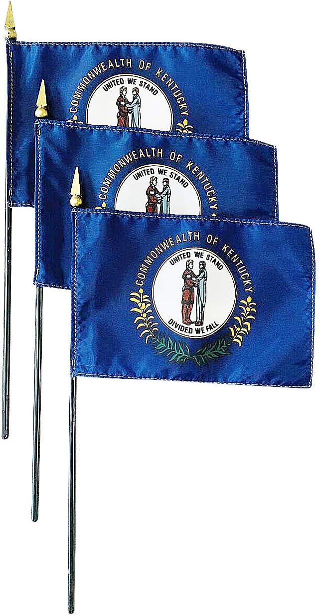 Set of 3 4x6" E-Gloss Kentucky Stick Flag with Plastic Table Base - Made in the USA