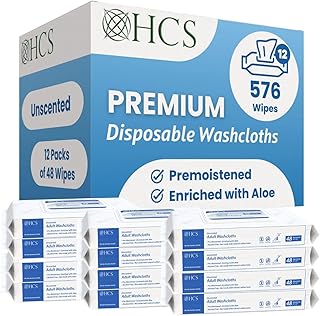 HCS Bulk Extra Large Adult Wipes - Elderly, Incontinence - (576) Body Wipes for Adults, Bathing, No Rinse - Bath Wipe, Shower - Wet Disposable Washcloths, Aloe, Unscented - 9"x12", 12 Packs of 48