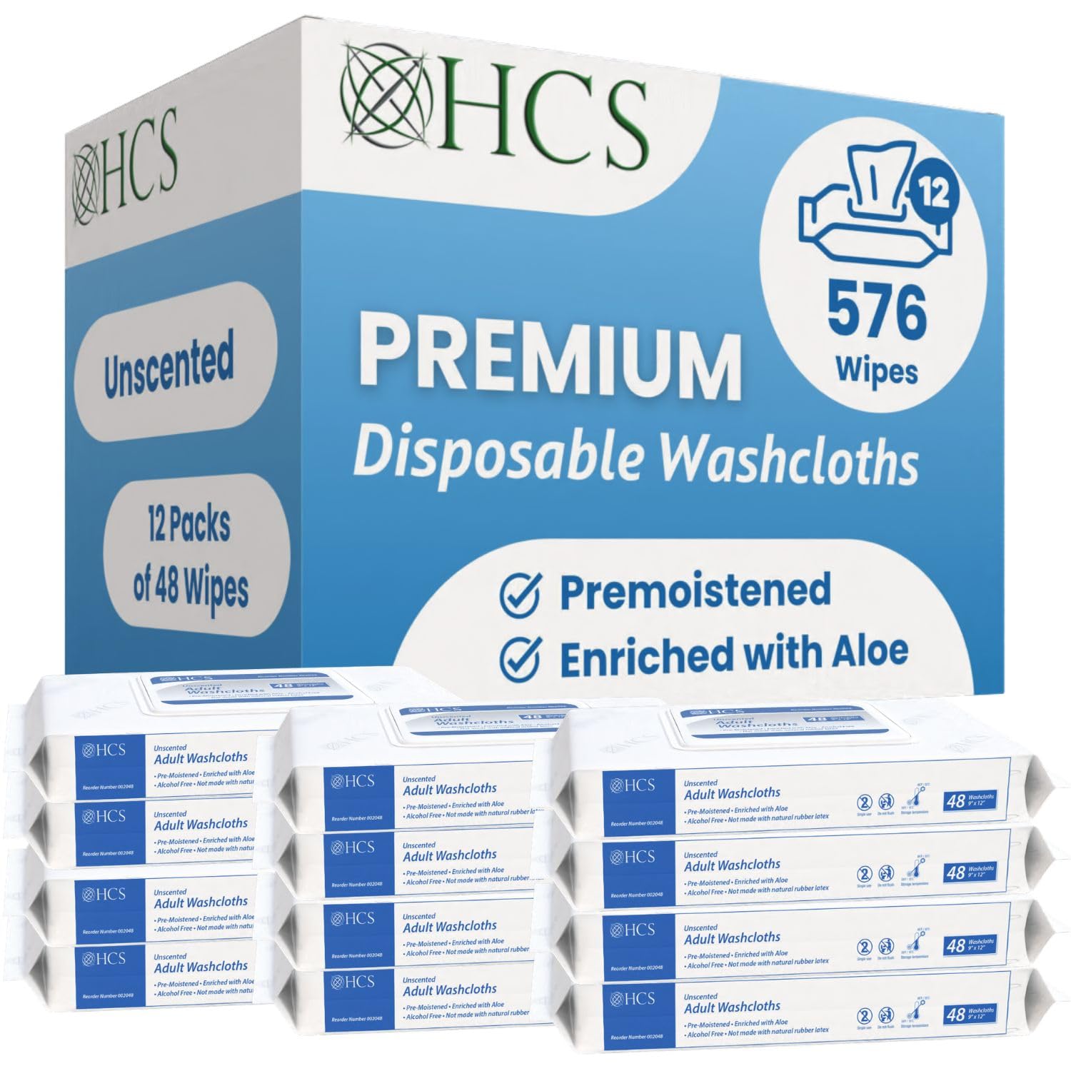HCS Bulk Extra Large Adult Wipes - Elderly, Incontinence - (576) Body Wet Wipes for Adults, Bathing, No Rinse - Bath Wipe, Shower - Disposable Washcloths, Aloe, Unscented - 9"x12", 12 Packs of 48