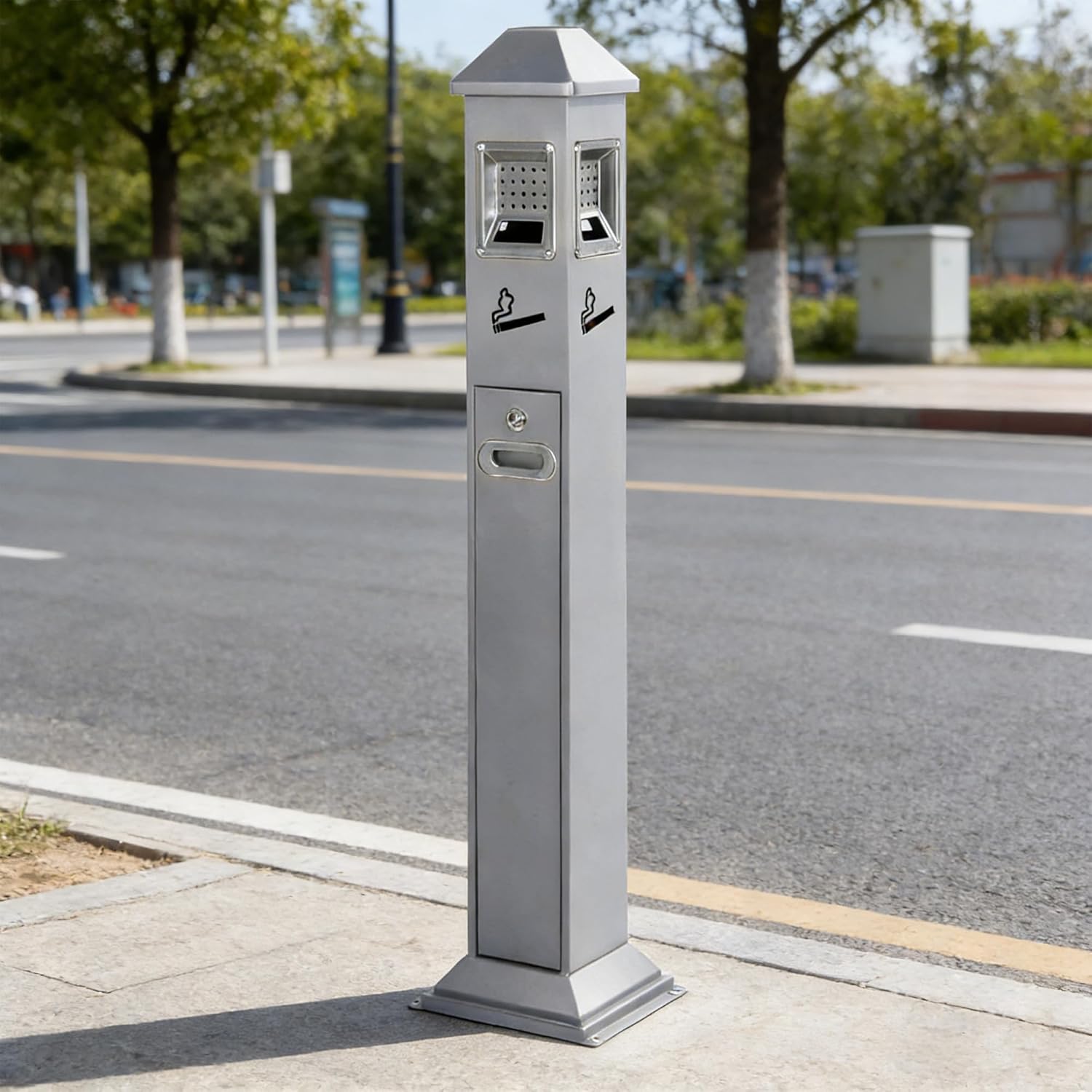 AIWFL Stainless Steel Vertical Trash Bin Outdoor Trash Can Waste Collector Receptacle Container 47" Ash Bin w/Lock (Silver)