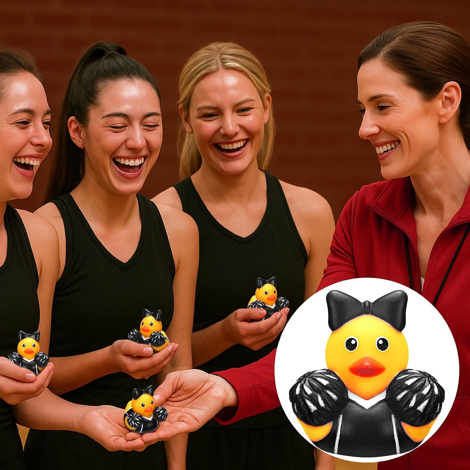 MiniInflat 12 Pcs Cheer Team Gifts Bulk Cheerleader Mini Rubber Ducks with Bows Cheer Party Favors Ducks Cheerleading Competition Gifts Accessories Goodie Bags Stuffers Party Decorations (Black)