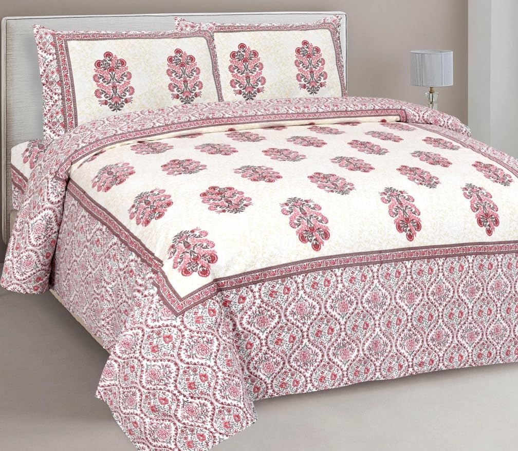 elanorhomes 100% Cotton King Size Bedsheet with 2 Pillow Covers | Handblock Printed | Soft, Breathable & Skin-Safe | 180 TC Durable Fabric | 90×108 Inches (Red Fulwari Print)