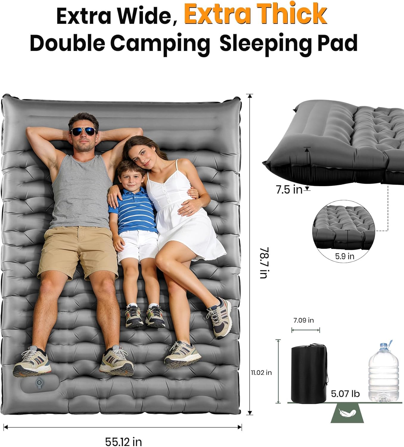 Double Sleeping Pad for Camping, 5.9 Inch Thick Self Inflating Sleeping Mat for Camping with Built in Pillow and Foot Pump, 2 Person Camping Mattress for Backpacking Hiking