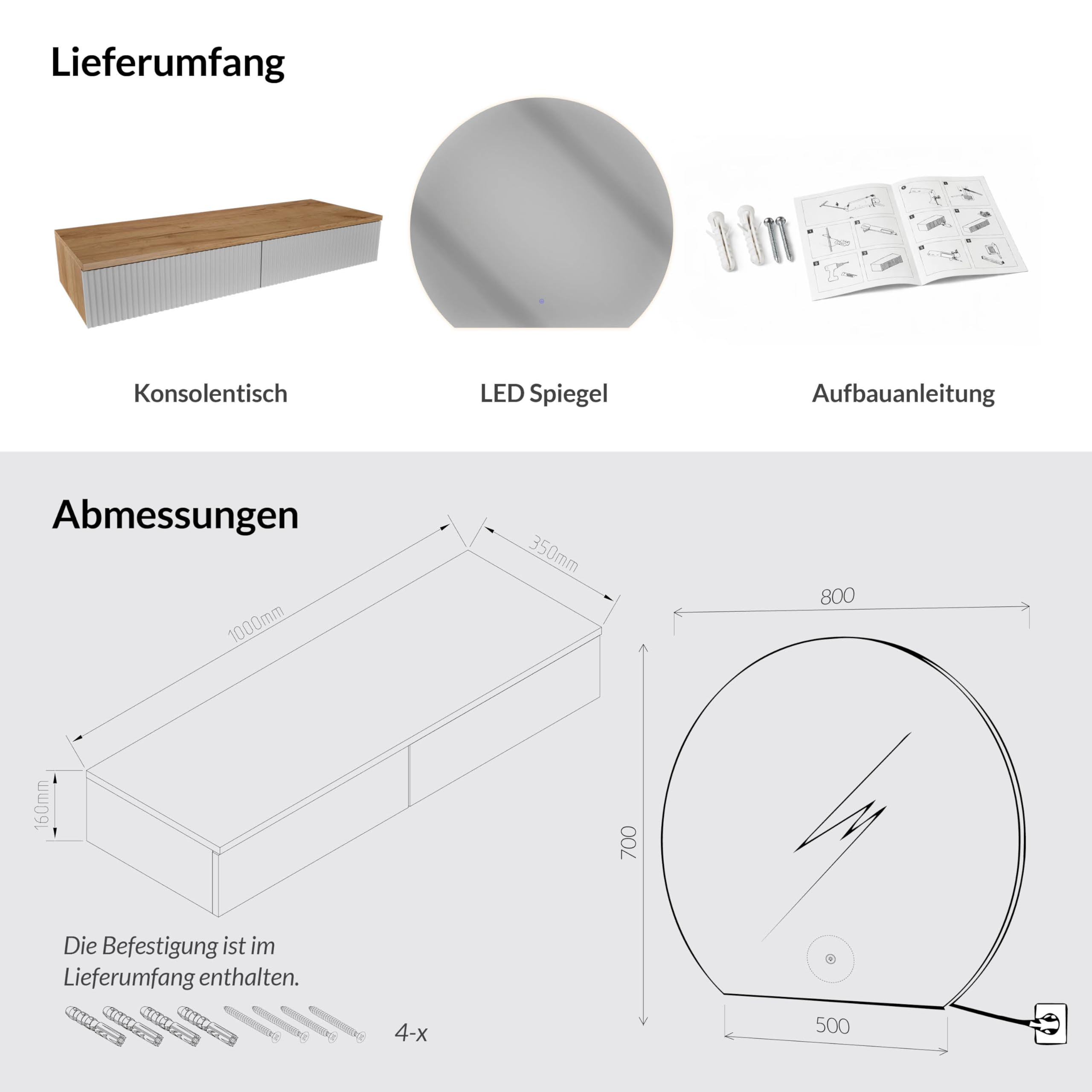 Planetmöbel Set di Guardaroba per Ingresso con Consolle 100 cm incluso Specchio con Illuminazione Semicircolare, Consolle da Parete 100 x 16 x 35 cm (Rovere Dorato/Bianco), Specchio da Parete Aube 80