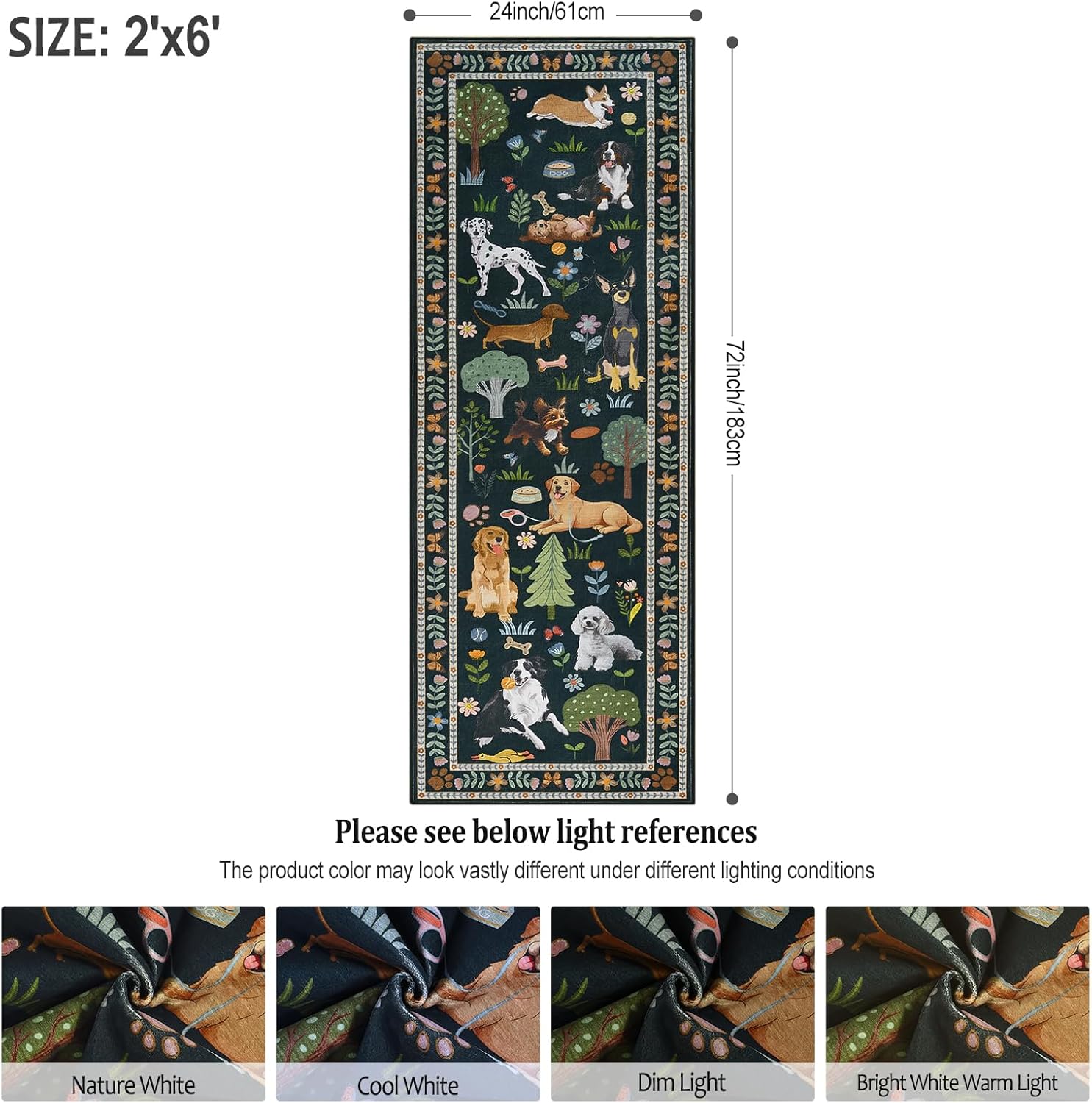 2x6 Runner Rug for Hallway Kitchen, Washable Floral Animal Dog Print Rug,Soft Stain Resistant Low Pile Non-Slip Thin Throw Carpet for Bedroom Entryway Laundry Room Dorm Home Decor, Black