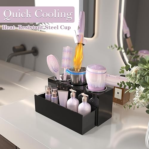 Miniatura 2 de Organizador de herramientas para el cabello, organizador de herramientas de peinado acrílico para cabello caliente con 3 tazas, soporte para secador