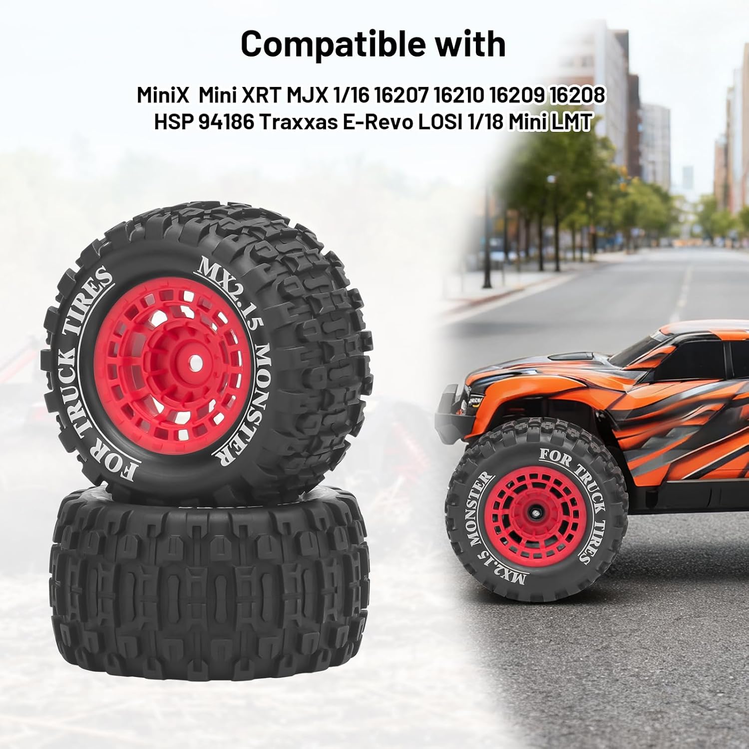 1/16 RC Car Tires and Wheels, daitoku 12mm Hex RC Truck Tires for MiniX Mini XRT 1/16 MJX 16207 16210 16209 16208 HSP 94186 Traxxas E-Revo LOSI 1/18 Mini LMT - Style B (Red)