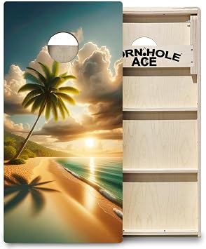 CornholeAce ACE PRO Beach Themed Professional Cornhole Boards - No Bounce! Triple Wide Legs, 3/4" Baltic Birch Plywood, Handles, Regulation Size 4x2ft, Tournament Style, Made in USA