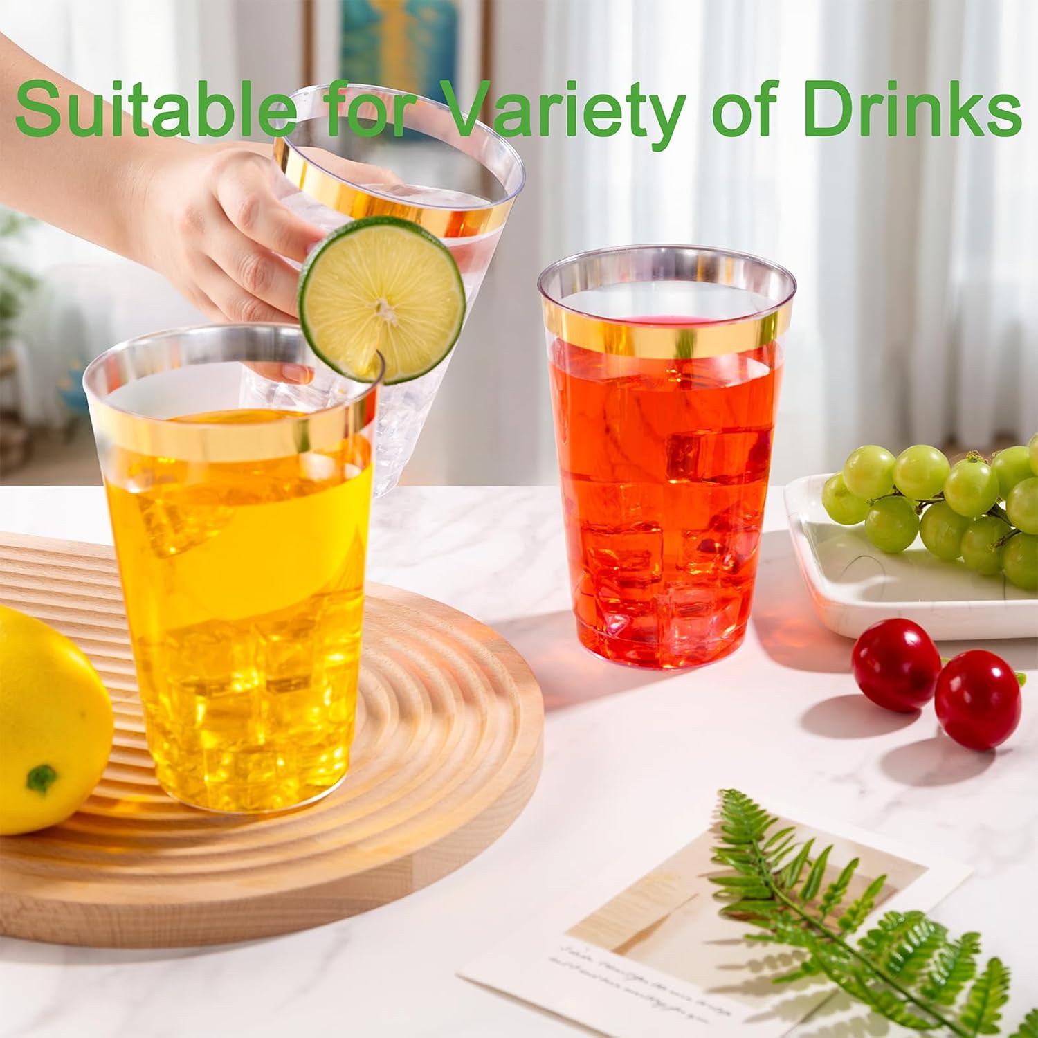 I00000 100 Pack 20 oz Gold Plastic Cups, Elegant Gold Rimmed Plastic Cups, Disposable Cocktail Glasses Wine Glasses, 20 oz Premium Tumblers Perfect for Birthday, Party & Wedding
