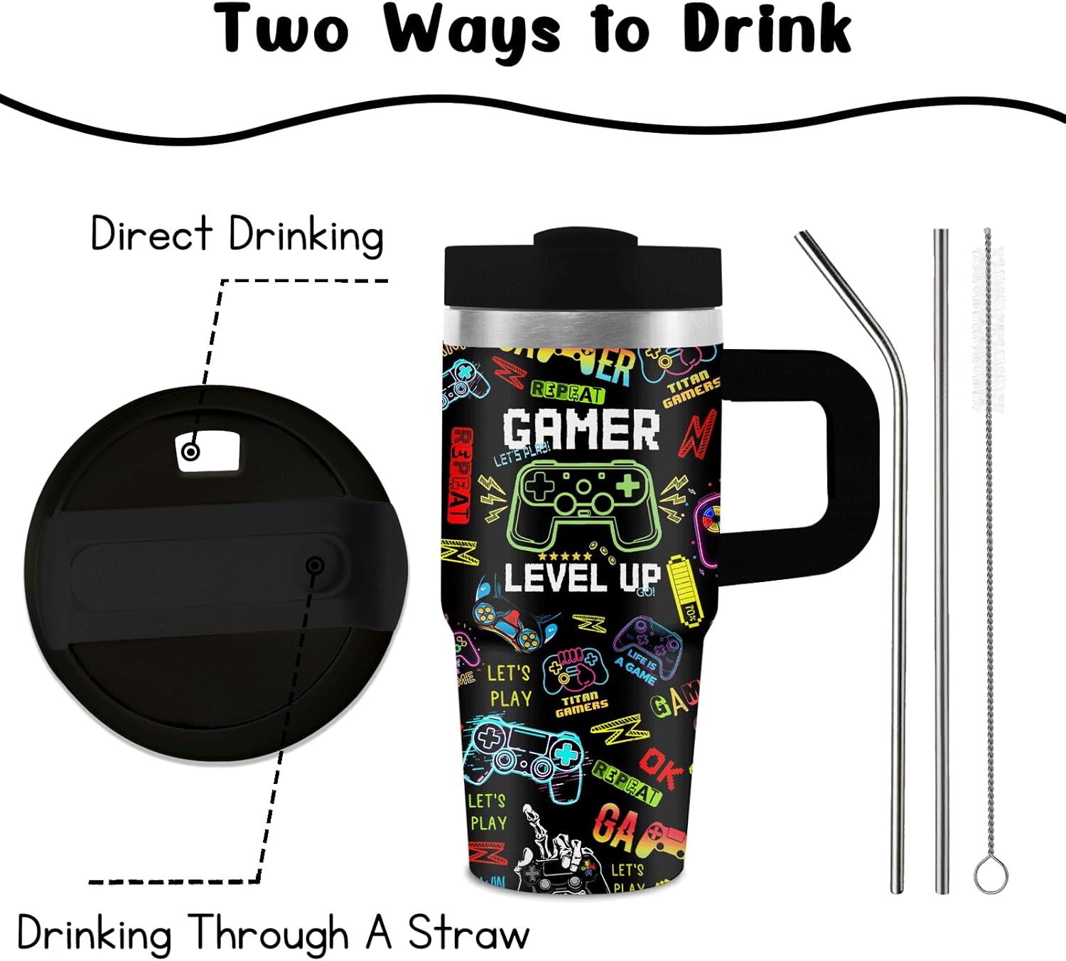 Hiboss Gamer Gifts for Boys, 14 oz Gamer Tumbler with Handle for Kids, Gaming Tumbler Presents for Him, Insulated Stainless Steel Gaming Mug Cup, Birthday Gifts for Gamers Teen Boys Men Son - Image 8