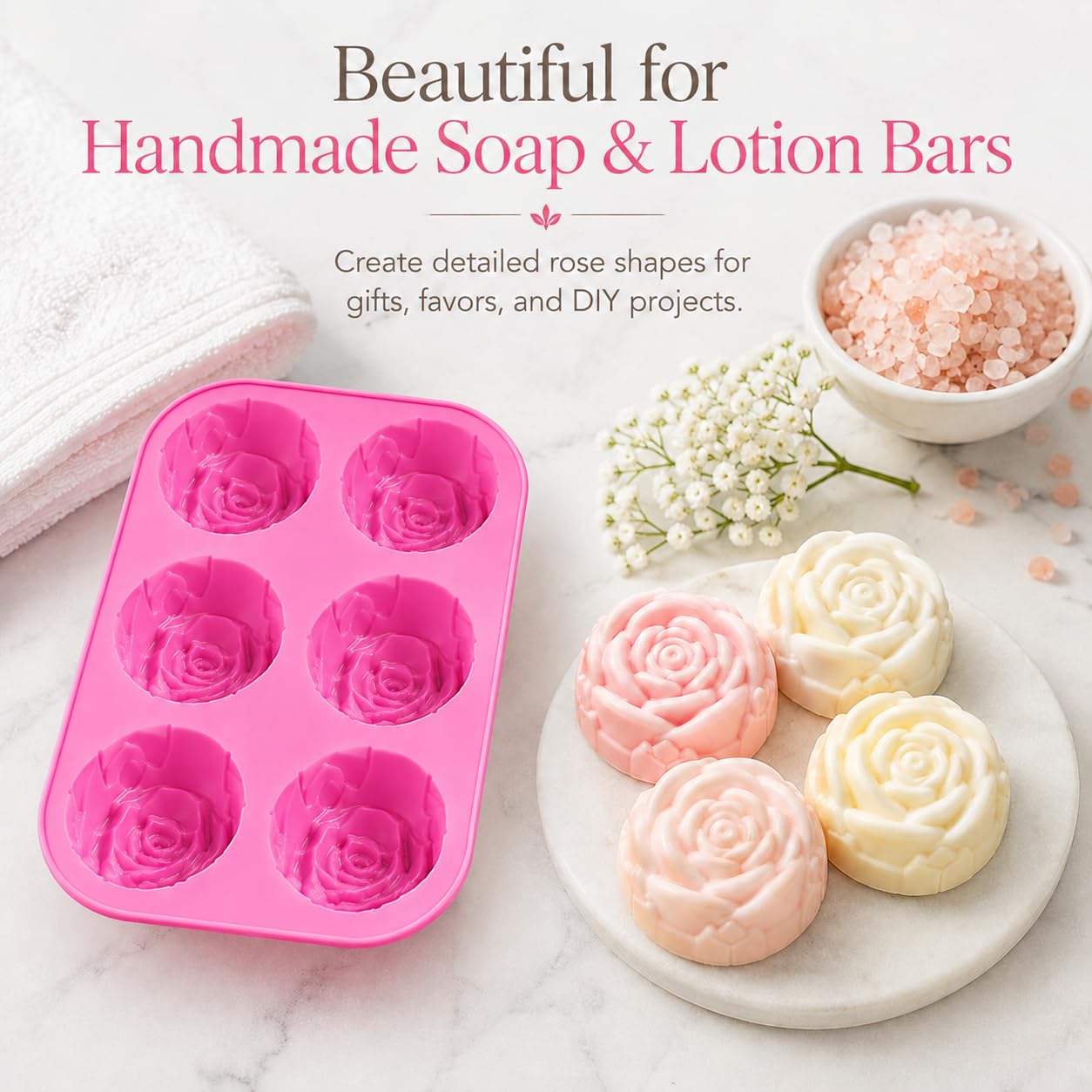 Paquete de 3 moldes grandes de silicona para cubitos de hielo y jabón, diseño de rosas