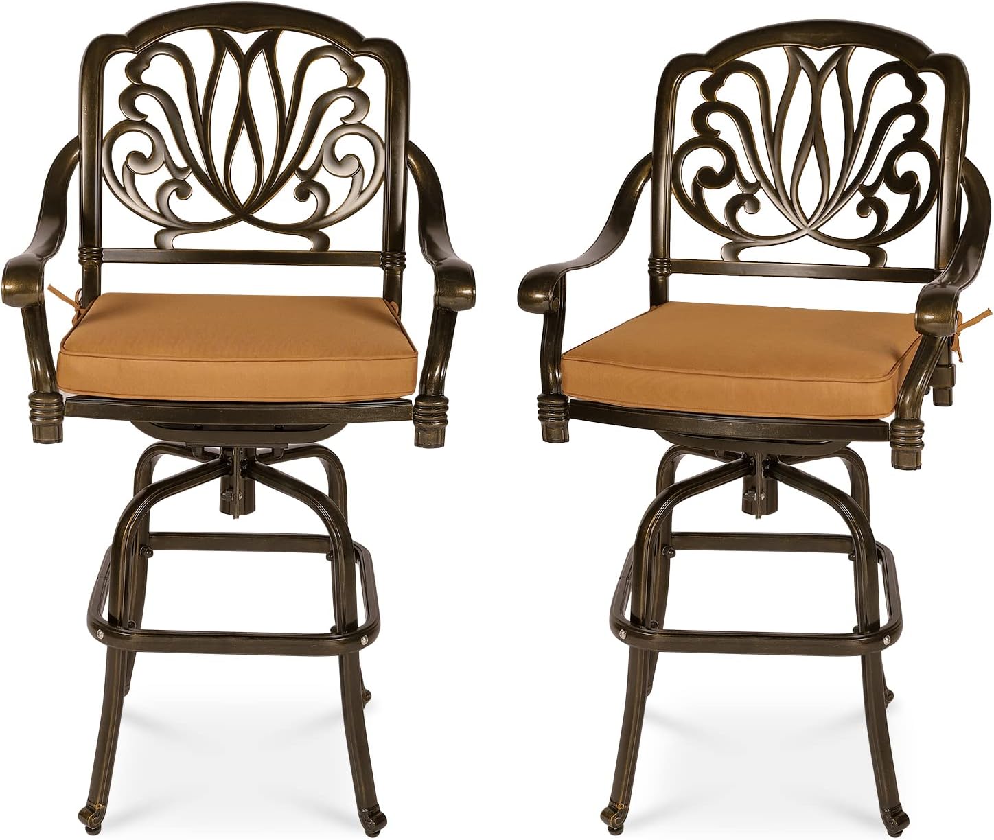 VIVIJASON 2-Piece Patio Swivel Bar Stools, All-Weather Cast Aluminum Bar Height Bistro Chairs with Seat Cushion, Outdoor Furniture Bar Dining Chair Set for Deck, Lawn, Garden, Backyard, Antique Bronze